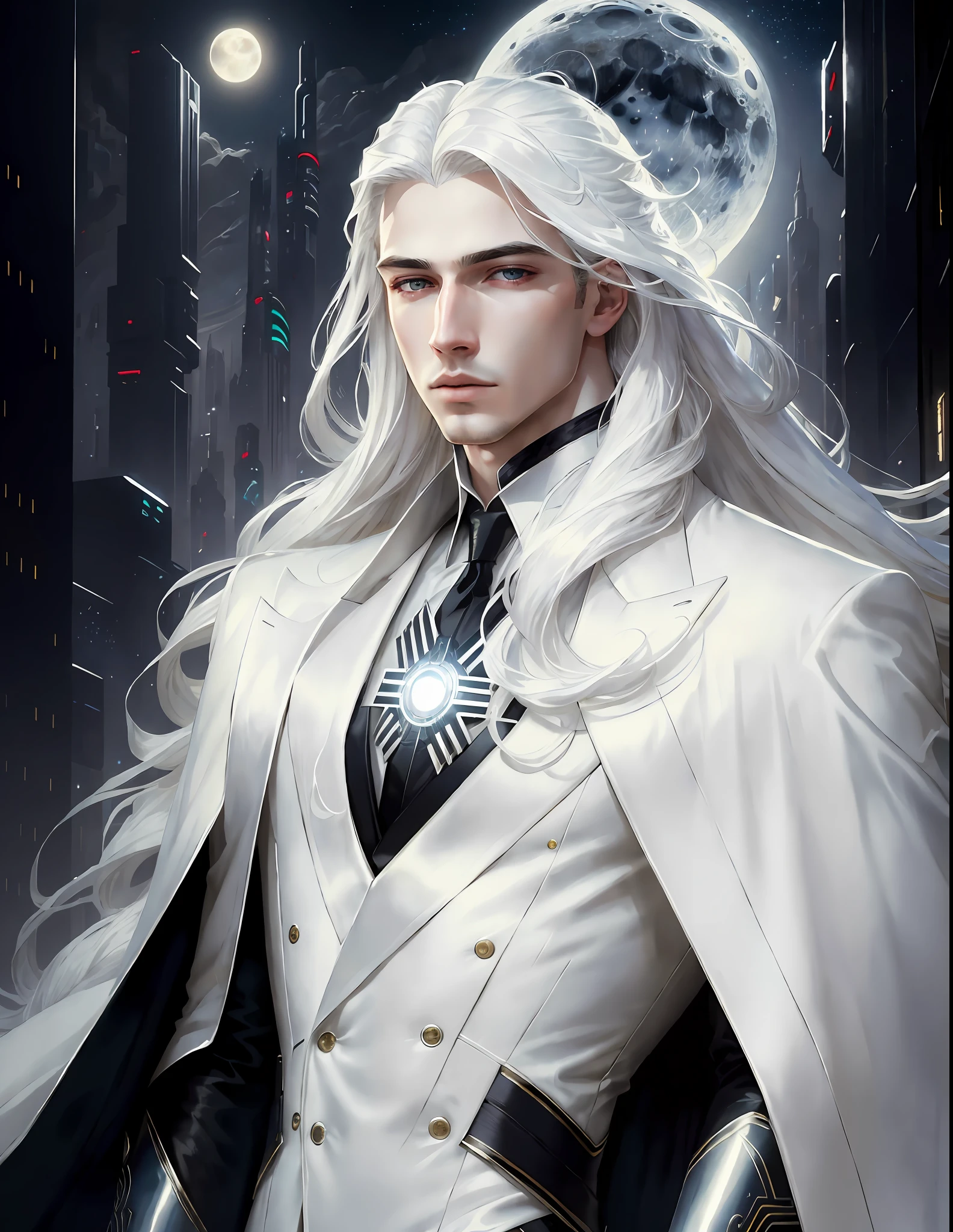 masterpiece, highest quality, (solo focus), (perfect face:1.1), (high detail:1.1),dramatic, 1guy, (pale skin), long white hair, white eyes, [light eyebrows], solo, long hair, moon, night, white luxury suit, covered navel, pouty lips, covered, futuristic city, detailed background, art by artgerm and greg rutkowski,  cinematic lighting,