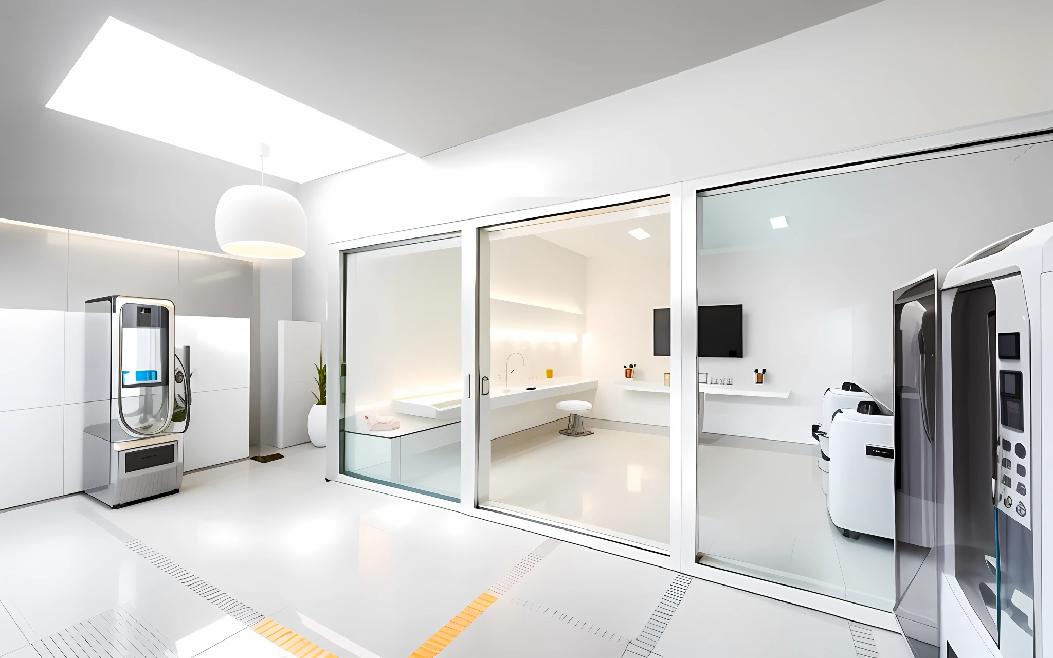 The main body is a self-service dog washing shop, with a total of 50 square meters; It is divided into two rooms: a fully automatic bathing room and a blow-drying room. The outside bathing room is 20 square meters, with 1 automatic dog bath machine and 2 self-service vending machines; The blow-drying room inside is 30 square meters and has 5 pet trimming tables and 5 wall-mounted hair dryers. Be sure to reflect all of the above items, the decoration style is minimalist and simple, white tones, bright lighting, bright tones, human perspective.