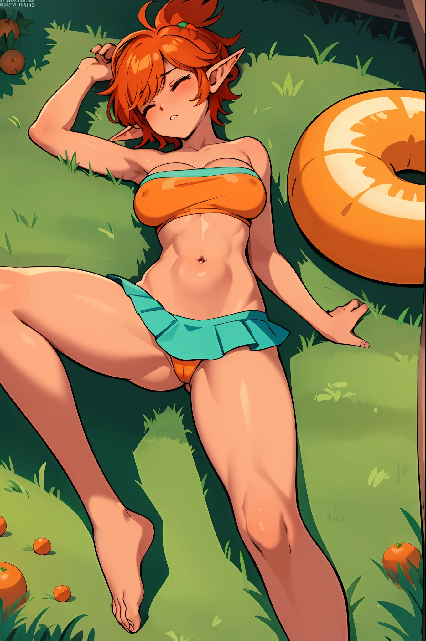 ((masterpiece)), (best quality), 1 girl, elf girl, short red hair, cyan eyes, dark skin, teenager, lean body, large breasts, (orange tube top), (short orange grass skirt), orange wristbands, laying down, hands on stomach, on grass, closed eyes, midriff, navel, barefoot, top view, erotic, 8k, detailed, ultra-detailed, absurdress