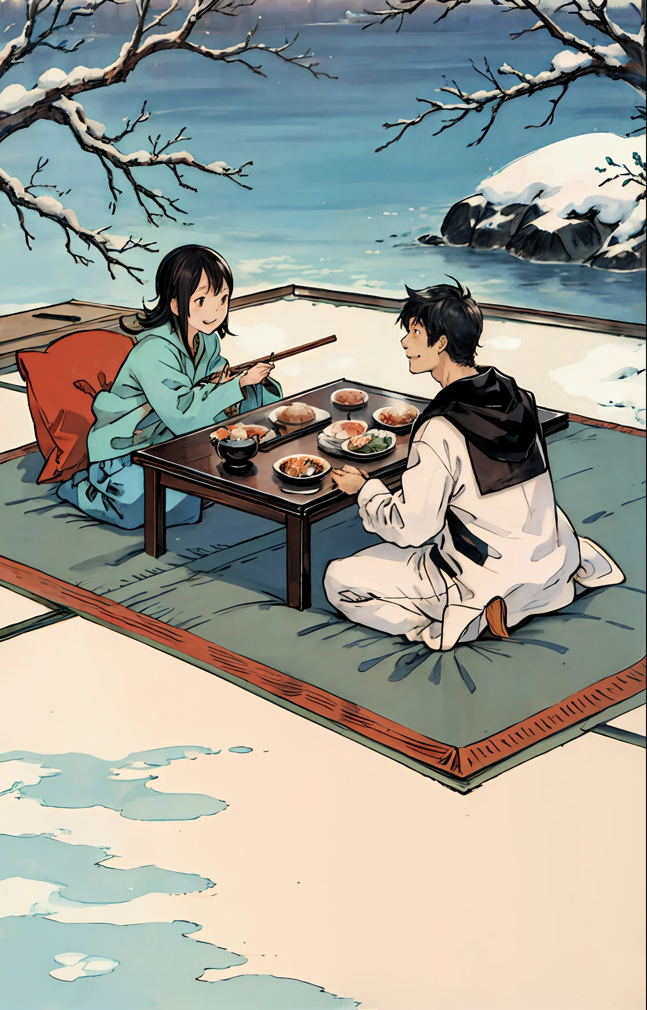 best quality, detailed background, couple, sea, kotatsu, bird, snow, winter,
