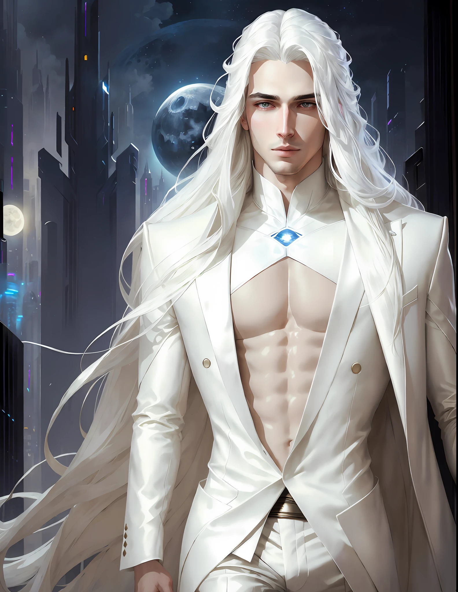 masterpiece, highest quality, (solo focus), (perfect face:1.1), (high detail:1.1),dramatic, 1guy, (pale skin), long white hair, white eyes, [light eyebrows], solo, long hair, moon, night, white luxury suit, covered navel, pouty lips, covered, futuristic city, detailed background, art by artgerm and greg rutkowski,  cinematic lighting,