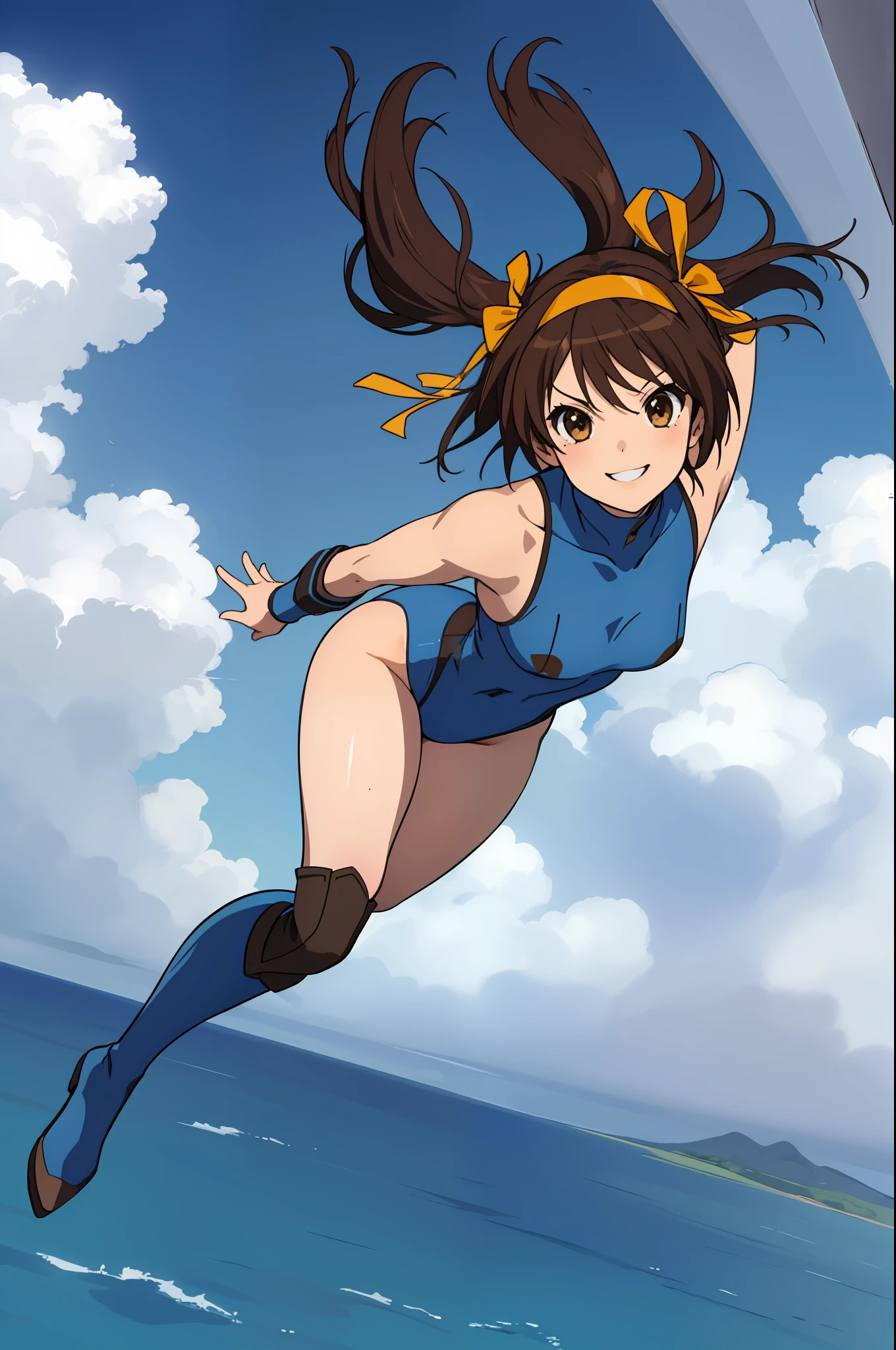 masterpiece, best quality, highres, 1girl, solo, superhero, leotard, blue and white leotard, bare legs, brown hair, short hair, brown eyes, hairband, medium hair, ribbon, boots, matching boots, blue boots, medium breasts, cowboy shot, smile, sky backdrop, haruhi suzumiya, kyoani haruhi style, sleeveless, flying, floating. looking at viewer, perfect arms, perfect legs, perfect hands, perfect feet, perfect fingers, hands with 5 fingers