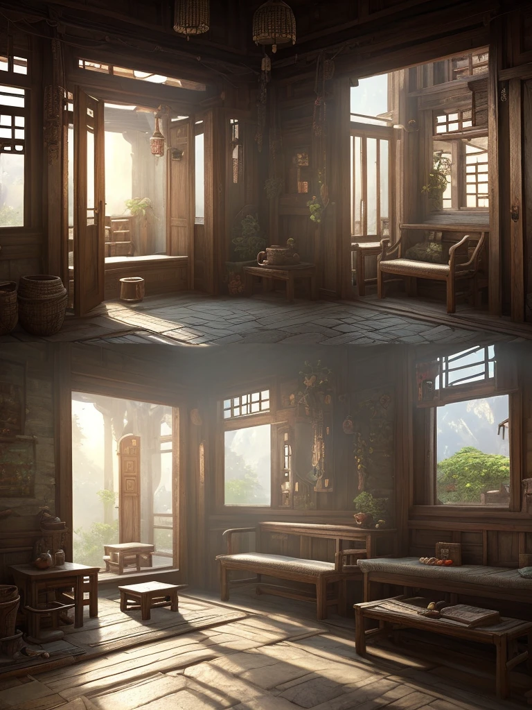 doorway view of a room with a table and a bench, concept art by senior environment artist, trending on polycount, conceptual art, akihiko yoshida. unreal engine, realistic afternoon lighting, dreamy chinese town, unreal engine art, villages ， unreal engine, 4k concept art and hyper realism, beautiful and cinematic lighting, unreal engine screenshot, detailed textures and lighting