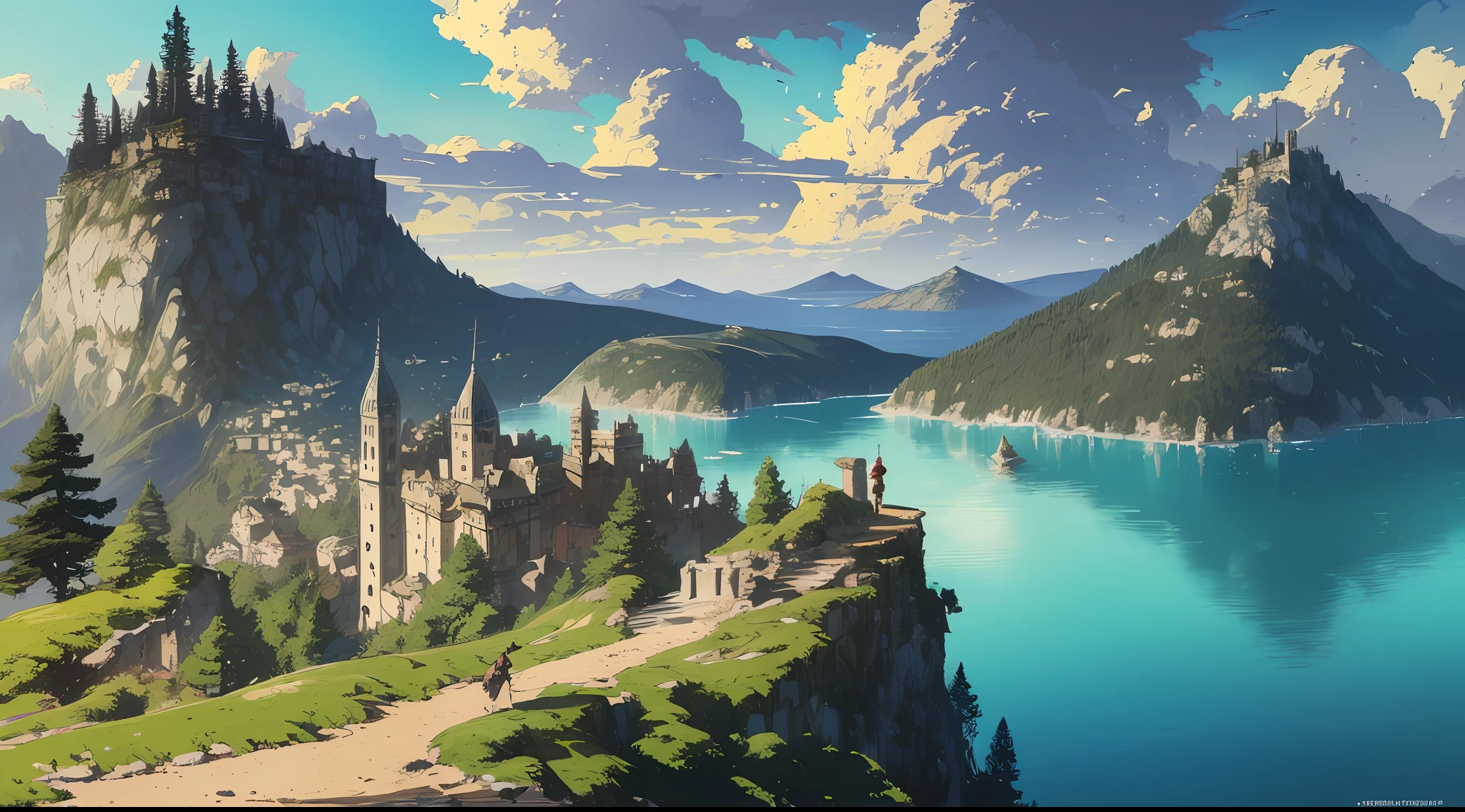 (Highly detailed illustration), Ultra detailed illustration of an explorer on top of a cliff looking at a medieval city, pine trees, wooden fence, stone walls, towers, trees, deformed clouds, Perfection, Cartoonish vector, ((Jeremy Mann mixed with Giovanni Boldini, and Studio ghibli)), highly illustrated, Stunning environment, view from afar, --v 6