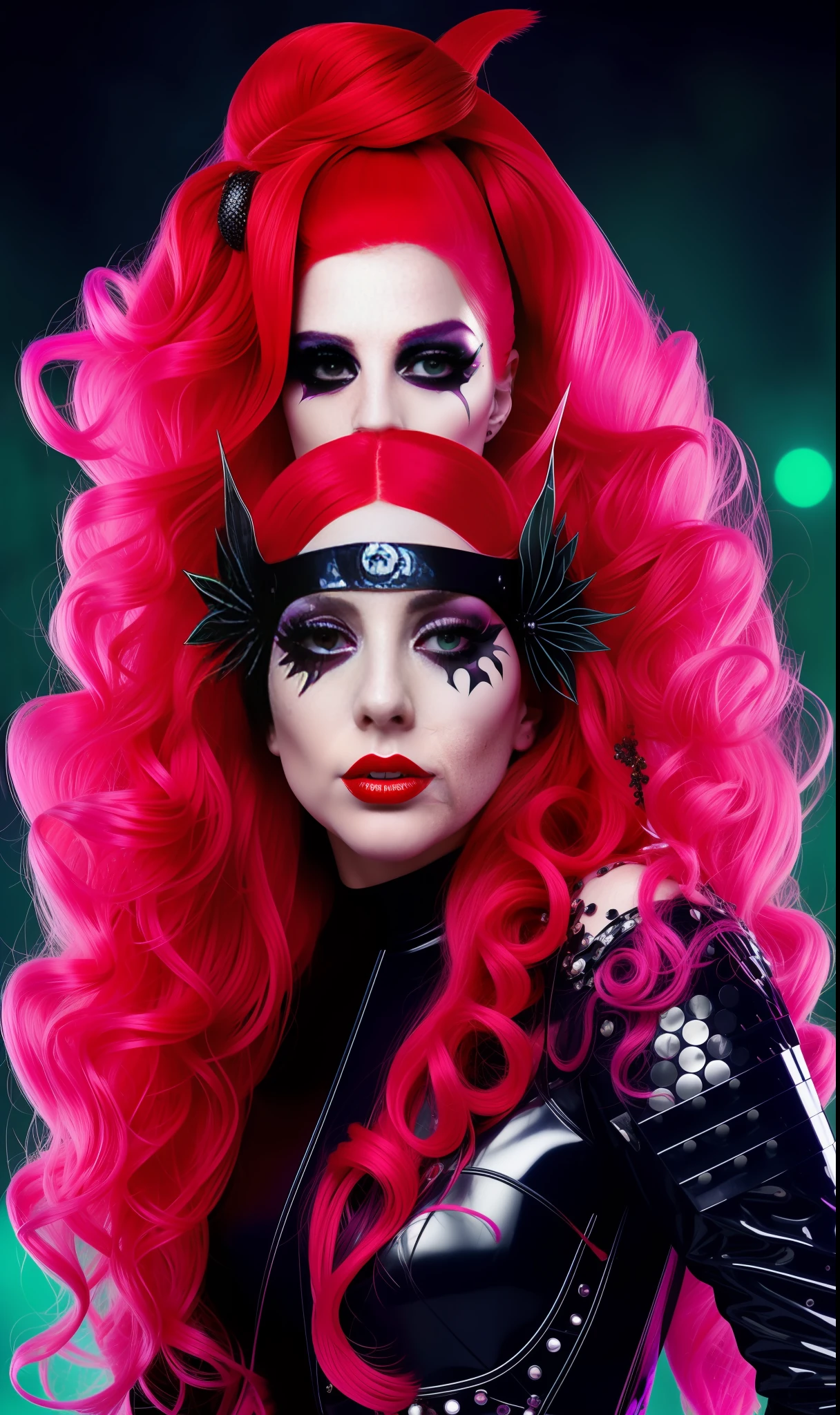 Lady Gaga Poison IVY, 4K texture, long hair, high quality, extravagant hairstyle, original album cover, 8k image, futuristic, high image quality, at night, hair accessories, very realistic and defined face, full body, heroin robotic suit, various poses