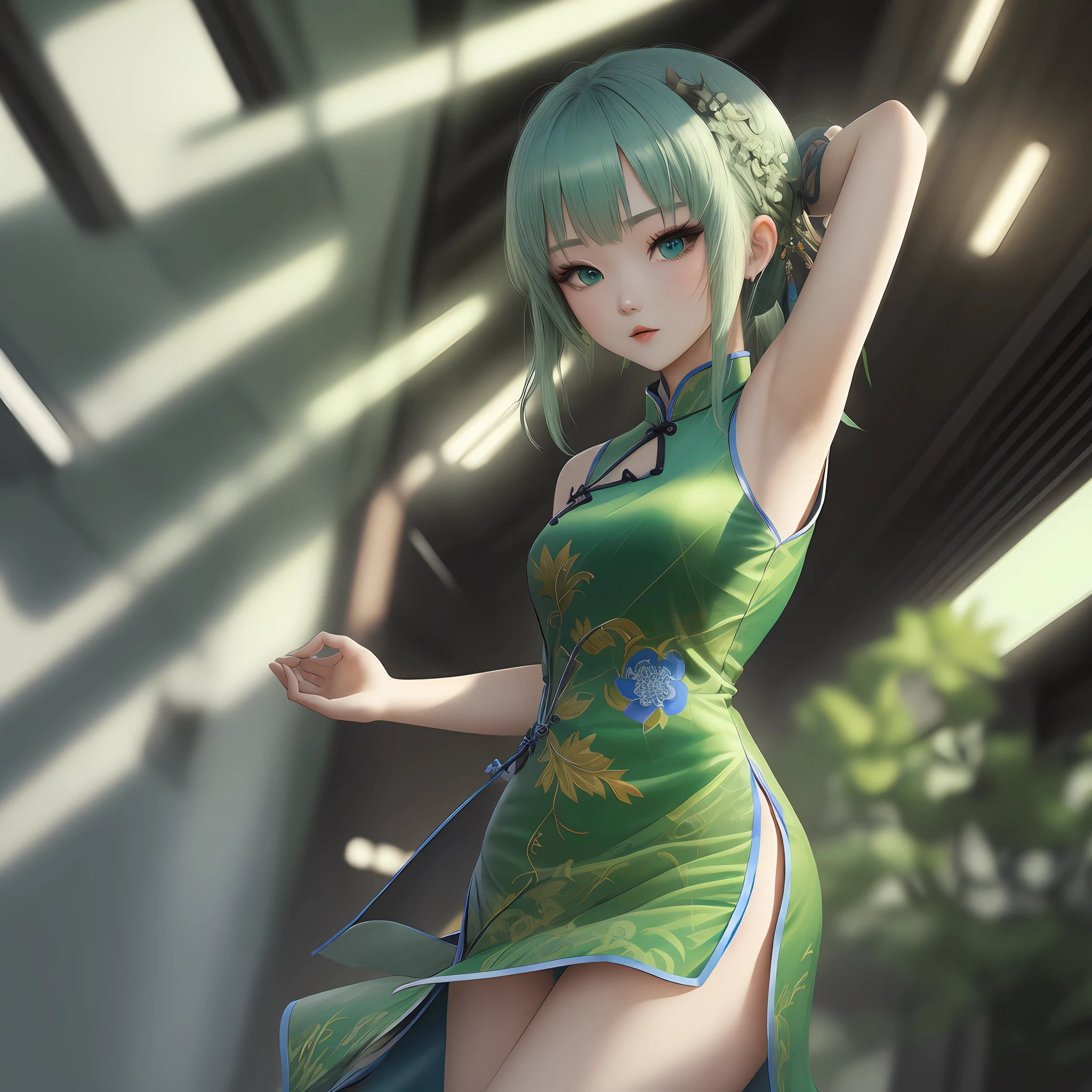 green hair, blue eyes, cheongsam, hide hands