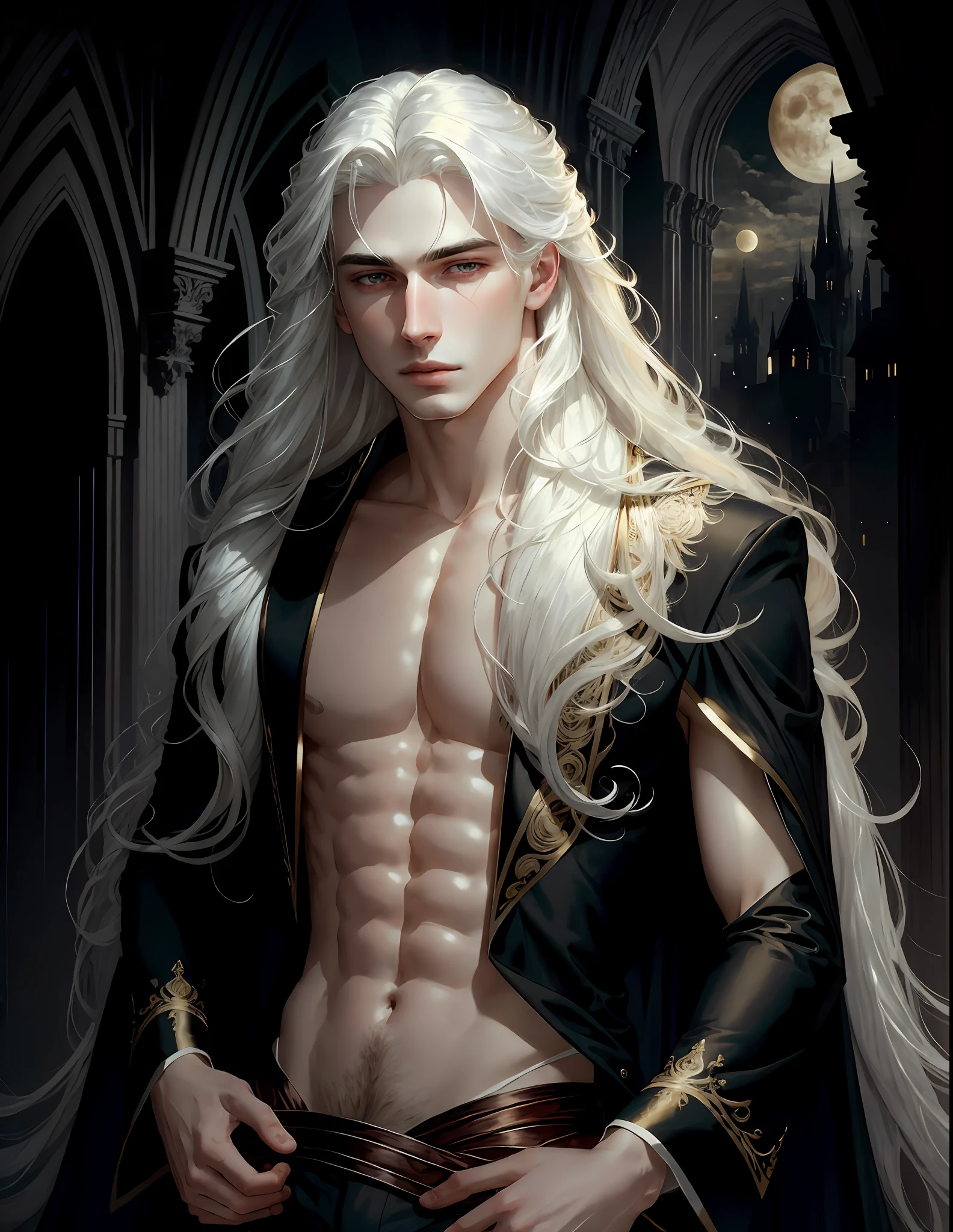 masterpiece, highest quality, (solo focus), (perfect face:1.1), (high detail:1.1),dramatic, 1guy, (pale skin), long white hair, white eyes, [light eyebrows], solo, long hair, moon, night, white luxury suit, covered navel, pouty lips, (beauty marks), gothic city, detailed background, art by artgerm and greg rutkowski,  cinematic lighting, roses