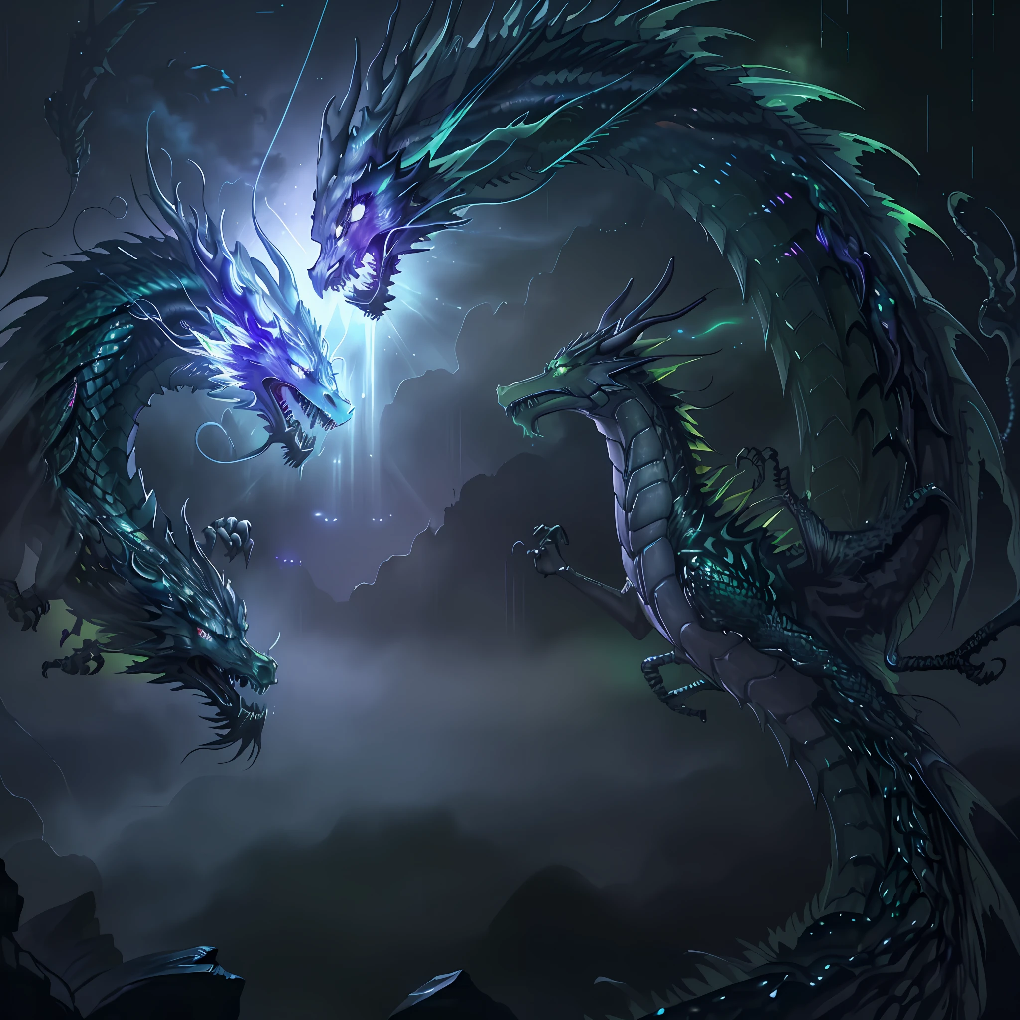 Green dragon:extremely long and delicate, (heavy acid rain in background)=1.6, dark fantasy, dark atmosphere, dark purple moonlit sky, angle from below, masterpiece, corrupted celestial energy, looking at viewer, piercing death gaze, enraged face:psychotic, glowing celestial eyes, 1dragon=1.5, ((celestial feathers falling from sky)), ((bioluminescent)),vibrant lighting, ultrarealistic, award winning illustration, epic wide-angle shot, wide-angle lens, cinematic lighting