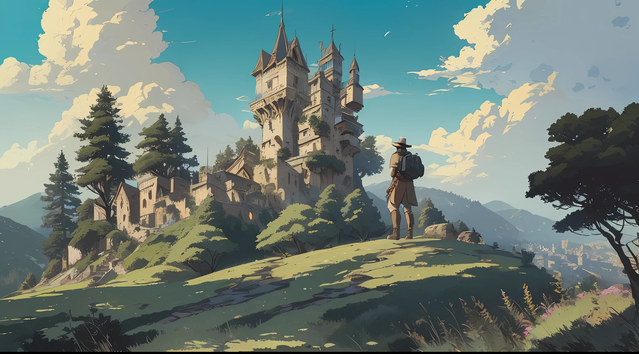 (Highly detailed illustration), Ultra detailed illustration of an explorer on top of a cliff looking at a medieval city, pine trees, wooden fence, stone walls, towers, trees, deformed clouds, Perfection, Cartoonish vector, ((Jeremy Mann mixed with Giovanni Boldini, and Studio ghibli)), highly illustrated, Stunning environment, --v 6