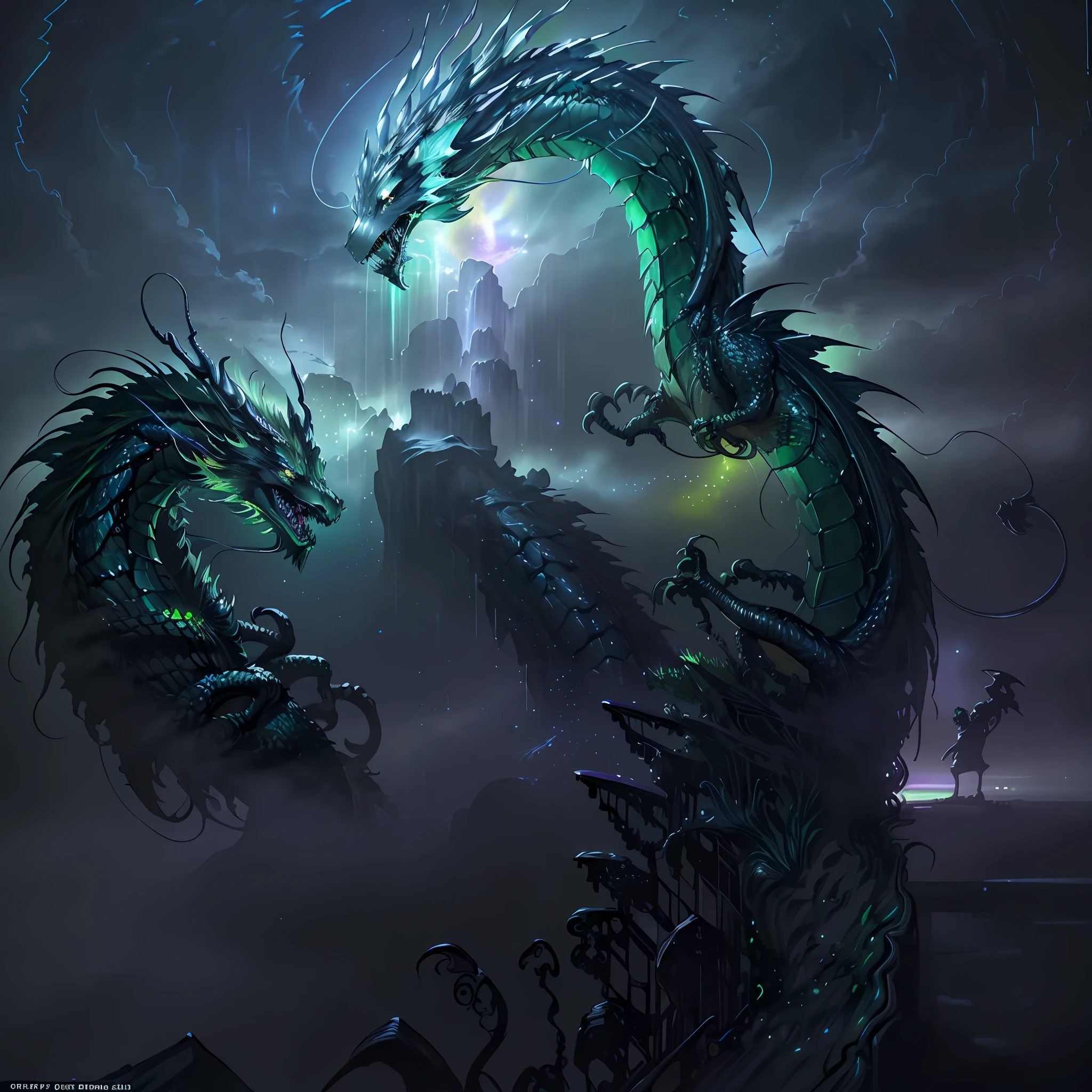 Green dragon:extremely long and delicate, (heavy acid rain in background)=1.6, dark fantasy, dark atmosphere, dark purple moonlit sky, angle from below, masterpiece, corrupted celestial energy, looking at viewer, piercing death gaze, enraged face:psychotic, glowing celestial eyes, 1dragon=1.5, ((celestial feathers falling from sky)), ((bioluminescent)),vibrant lighting, ultrarealistic, award winning illustration, epic wide-angle shot, wide-angle lens, cinematic lighting