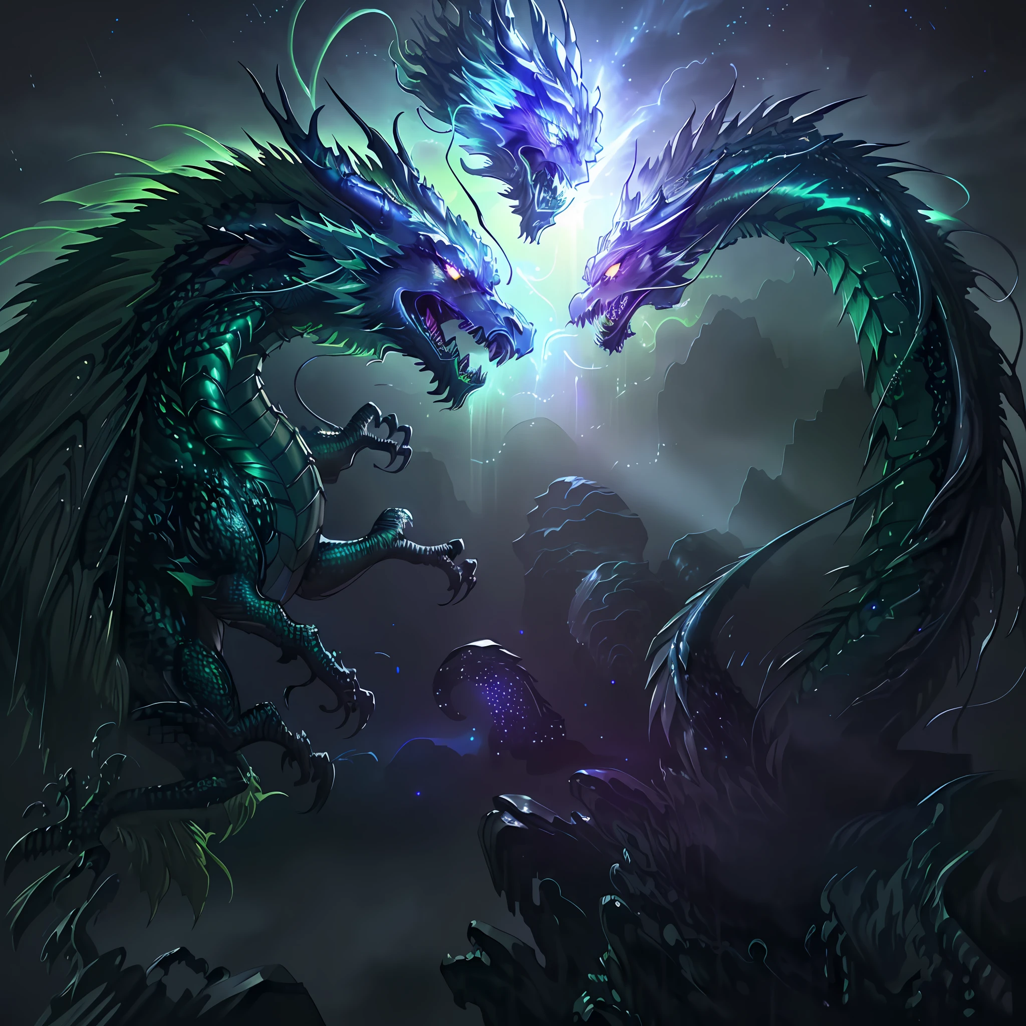 Green dragon:extremely long and delicate, (heavy acid rain in background)=1.6, dark fantasy, dark atmosphere, dark purple moonlit sky, angle from underneath, masterpiece, corrupted celestial energy, looking at viewer, piercing death gaze, enraged face:psychotic, glowing celestial eyes, 1dragon=1.5, ((celestial feathers falling from sky)), ((bioluminescent)),vibrant lighting, ultrarealistic, award winning illustration, epic wide-angle shot, wide-angle lens, cinematic lighting
