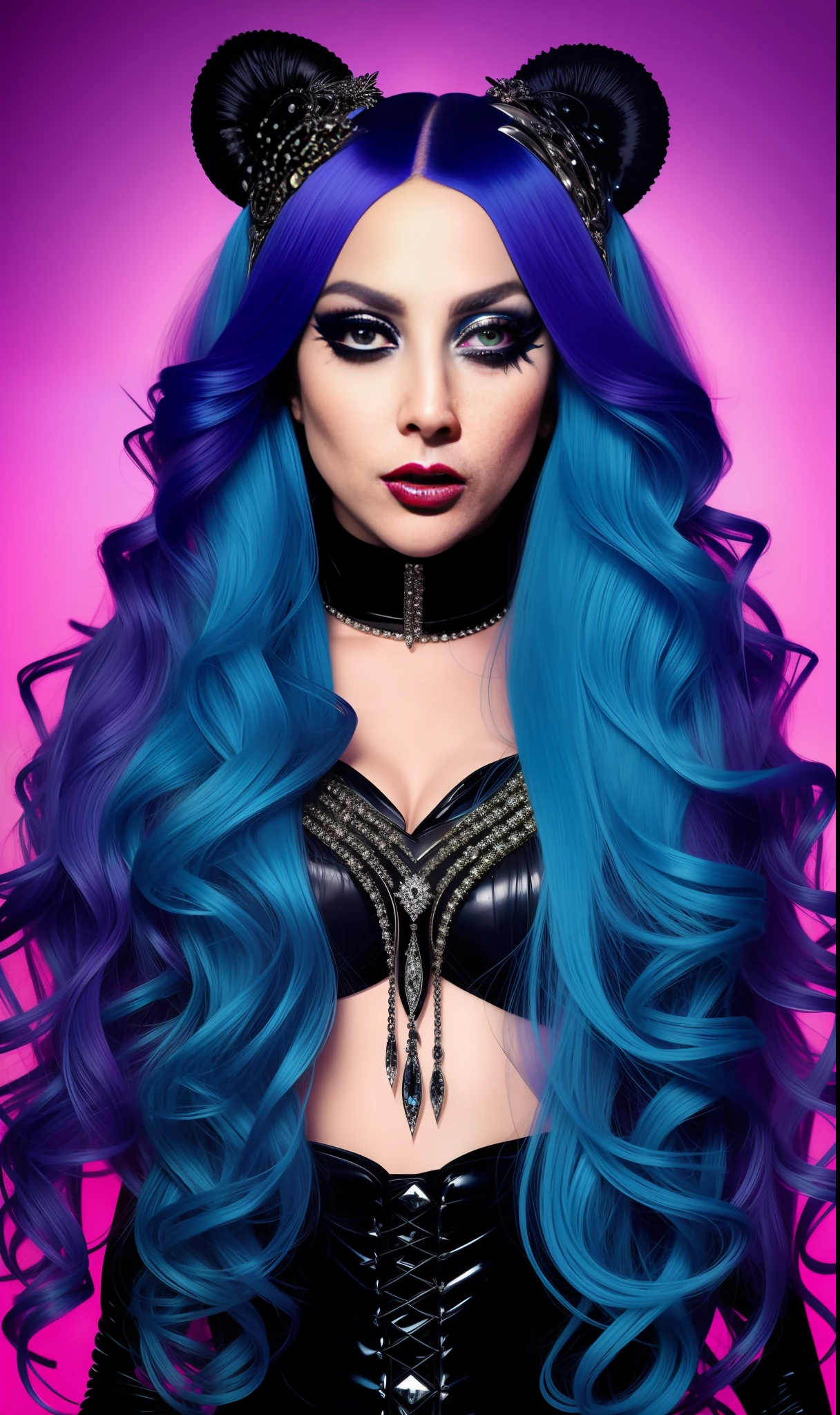 Lady Gaga Gothic, 4K texture, long hair, high quality, extravagant hairstyle, 8k image, futuristic, high image quality, at night, hair accessories, very realistic and defined face, multi-tone hair, full body