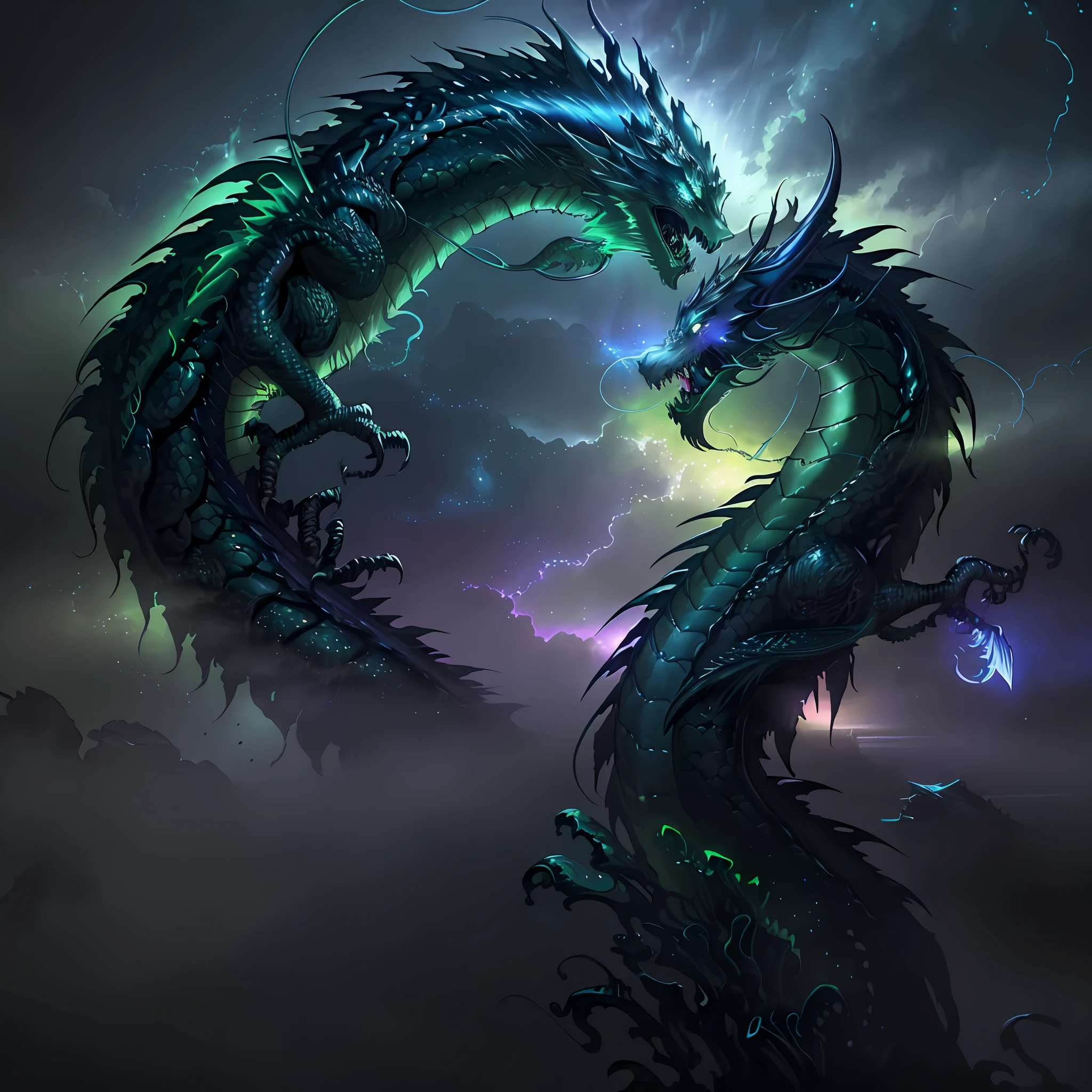 Green dragon:extremely long and delicate, (heavy acid rain in background)=1.6, dark fantasy, dark atmosphere, dark purple moonlit sky, angle from side, masterpiece, corrupted celestial energy, looking at viewer, piercing death gaze, enraged face:psychotic, glowing celestial eyes, 1dragon=1.5, ((celestial feathers falling from sky)), ((bioluminescent)),vibrant lighting, ultrarealistic, award winning illustration, epic wide-angle shot, wide-angle lens, cinematic lighting