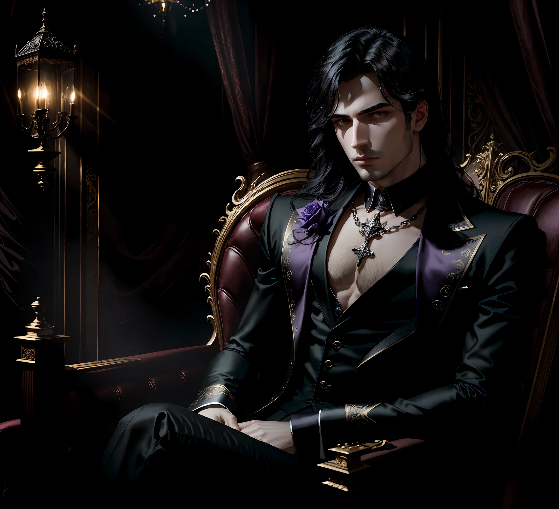 masterpiece, highest quality, (solo focus), (perfect face:1.1), (high detail:1.1), dramatic, (1guy), (pale skin), long black hair, purple ethereal eyes, solo, covered naval, moon, night, gothic luxury suit, pouty lips, covered, luxury gothic bedroom, detailed background, sitting on gothic chaise, black roses, art by artgerm and greg rutkowski, cinematic lighting,