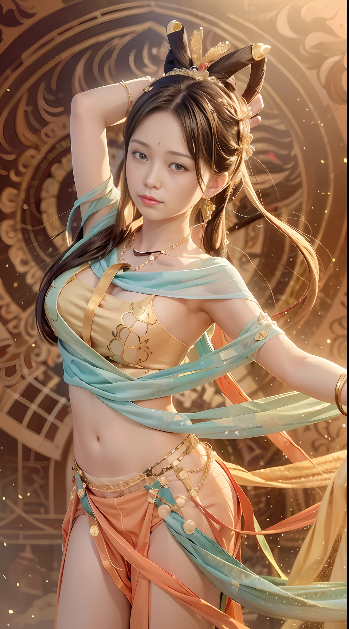 (8k, RAW photo, best quality, masterpiece: 1.2), (realistic, photo-realistic: 1.4), (extremely detailed CG unity 8k wallpaper), (2 girls: 1.5), full body, thighs, belly button exposed, golden waist chain, gold jewelry, particles, dance, dunhuang_dress, dunhuang_style, dunhuang_background, blurry_background,