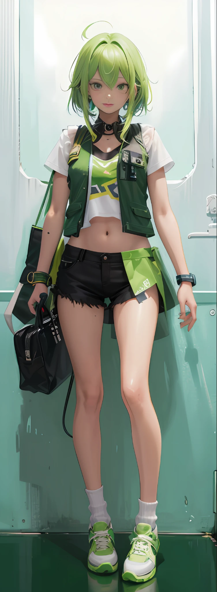 One girl, Light green hair, Green vest, Light green T-shirt lined, Black shorts, Black bag, Ear microphone around the neck, anime, anime style, modern, anime, Conceptual art, UHD, masterpiece, ccurate, textured skin, super detail, high details, high quality, award winning, best quality, highres, HD