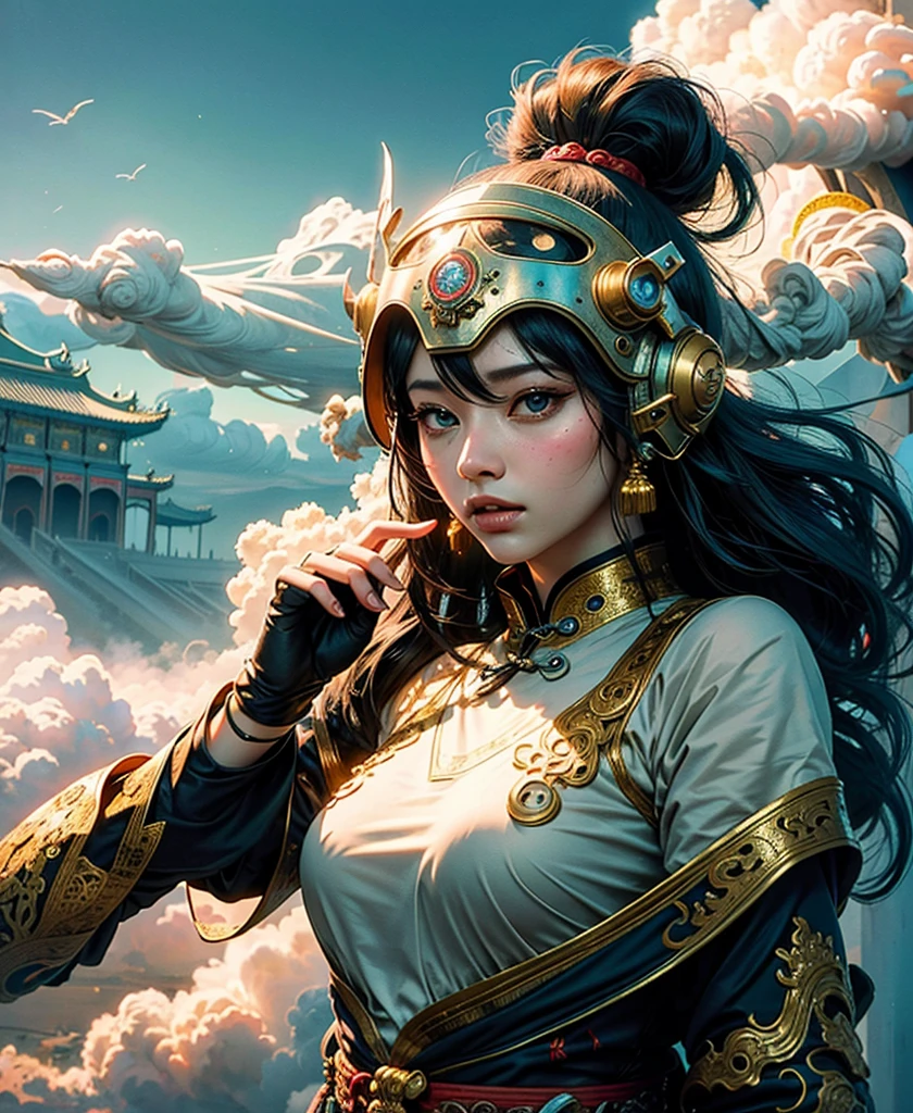 1 girl ((flying)) under moon ,Chinese immortals,dunhuang_cloths,dunhuang_style, (background is chinese Palace on Heavenly:1.5), (The ground is filled with clouds:1.5, surrounded by smoke:1.5), best quality, realistic, photorealistic, award-winning illustration, (intricate details:1.2), (delicate detailed), (intricate details), (cinematic light, best quality Backlights), clear line,fashion girl, sharp focus, realistic face,detailed face,official art, unity 8k wallpaper, ultra high res, (photorealistic:1.5), looking at viewer, ulzzang-6500, cyberhelmet