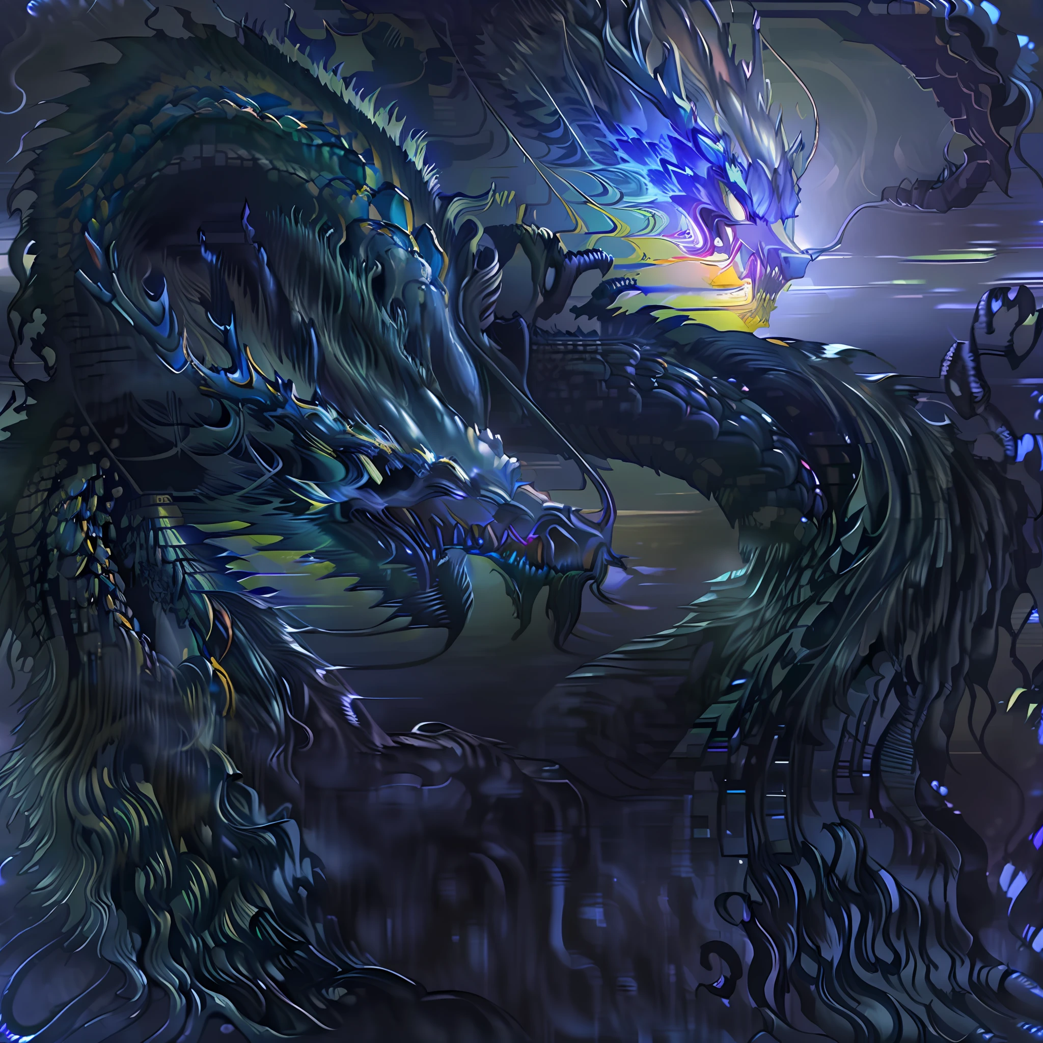 Green dragon:extremely long and delicate, intricate magic circles:bioluminescent celestial energy, (heavy acid rain in background)=1.6, dark fantasy, dark atmosphere, dark purple moonlit sky, angle from side, masterpiece, corrupted celestial energy, looking at viewer, piercing death gaze, enraged face:psychotic, glowing celestial eyes, 1dragon=1.5, ((celestial feathers falling from sky)), ((bioluminescent)),vibrant lighting, ultrarealistic, award winning illustration, epic wide-angle shot, wide-angle lens, cinematic lighting