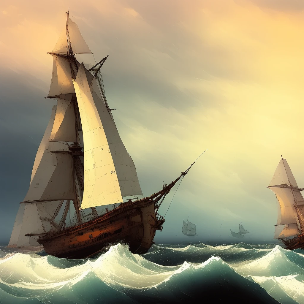 painting of a ship in the ocean with a sky background, ships with sails, sailing ships, painterly illustration, ships, digital art oil painting, dramatic artwork, dramatic nautical scene, sailing ship, in style of digital painting, atmospheric. digital painting, sails, in style of aivazovsky, inspired by Carl Eugen Keel, torn sails