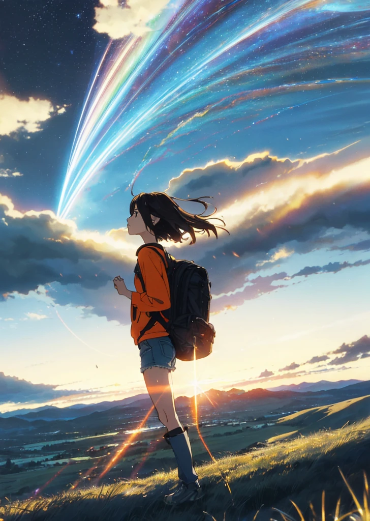 (beautiful and magnificent skyline, majestic sky), (extremely tense and dramatic pictures, moving visual effects), (high hanging Polaris, colorful natural light), (1girl), (long-sleeved top, denim shorts, carrying a backpack), (dynamic pose:1.3, black eyes, black hime-cut hair, sparkling girl)[:0.8], (large grassland), (oncoming breeze), (brown hair and background Coordination effect: 1.2), (close shot, long shot mix and match)[::0.9]