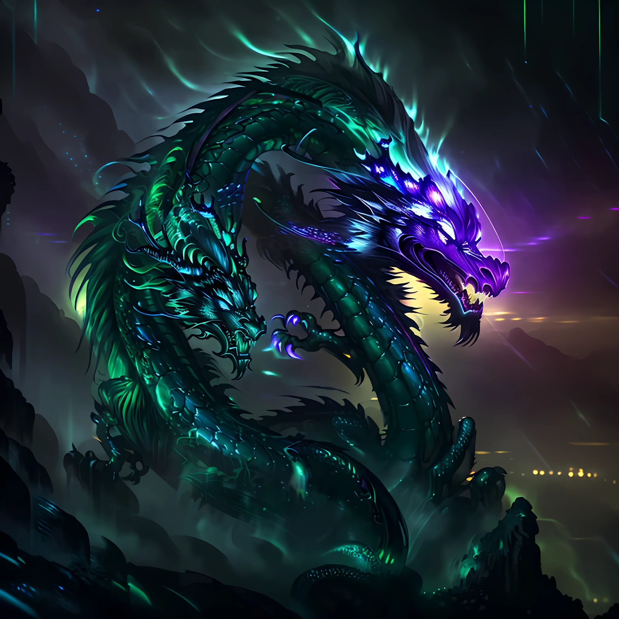 Green dragon:extremely long and delicate, intricate magic circles:bioluminescent celestial energy, (heavy acid rain in background)=1.6, dark fantasy, dark atmosphere, dark purple moonlit sky, angle from side, masterpiece, corrupted celestial energy, looking at viewer, piercing death gaze, enraged face:psychotic, glowing celestial eyes, 1dragon=1.5, ((celestial feathers falling from sky)), ((bioluminescent)),vibrant lighting, ultrarealistic, award winning illustration, epic wide-angle shot, wide-angle lens, cinematic lighting