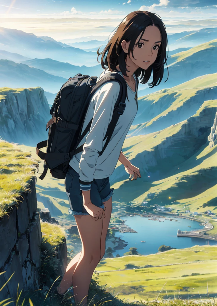 (beautiful and magnificent skyline, majestic sky), (extremely tense and dramatic pictures, moving visual effects), (high hanging Polaris, colorful natural light), (1girl), (long-sleeved top, denim shorts, carrying a backpack), (dynamic pose:1.3, black eyes, black hime-cut hair, sparkling girl)[:0.8], (large grassland), (oncoming breeze), (brown hair and background Coordination effect: 1.2), (close shot, long shot mix and match)[::0.9]