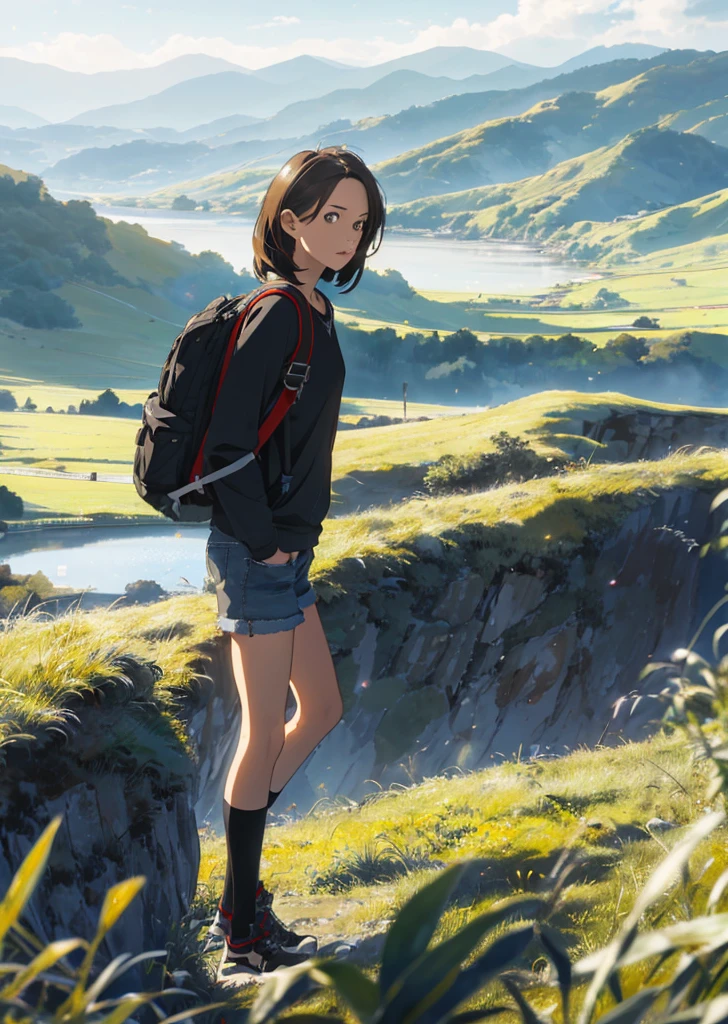 (beautiful and magnificent skyline, majestic sky), (extremely tense and dramatic pictures, moving visual effects), (high hanging Polaris, colorful natural light), (1girl), (long-sleeved top, denim shorts, carrying a backpack), (dynamic pose:1.3, black eyes, black hime-cut hair, sparkling girl)[:0.8], (large grassland), (oncoming breeze), (brown hair and background Coordination effect: 1.2), (close shot, long shot mix and match)[::0.9]