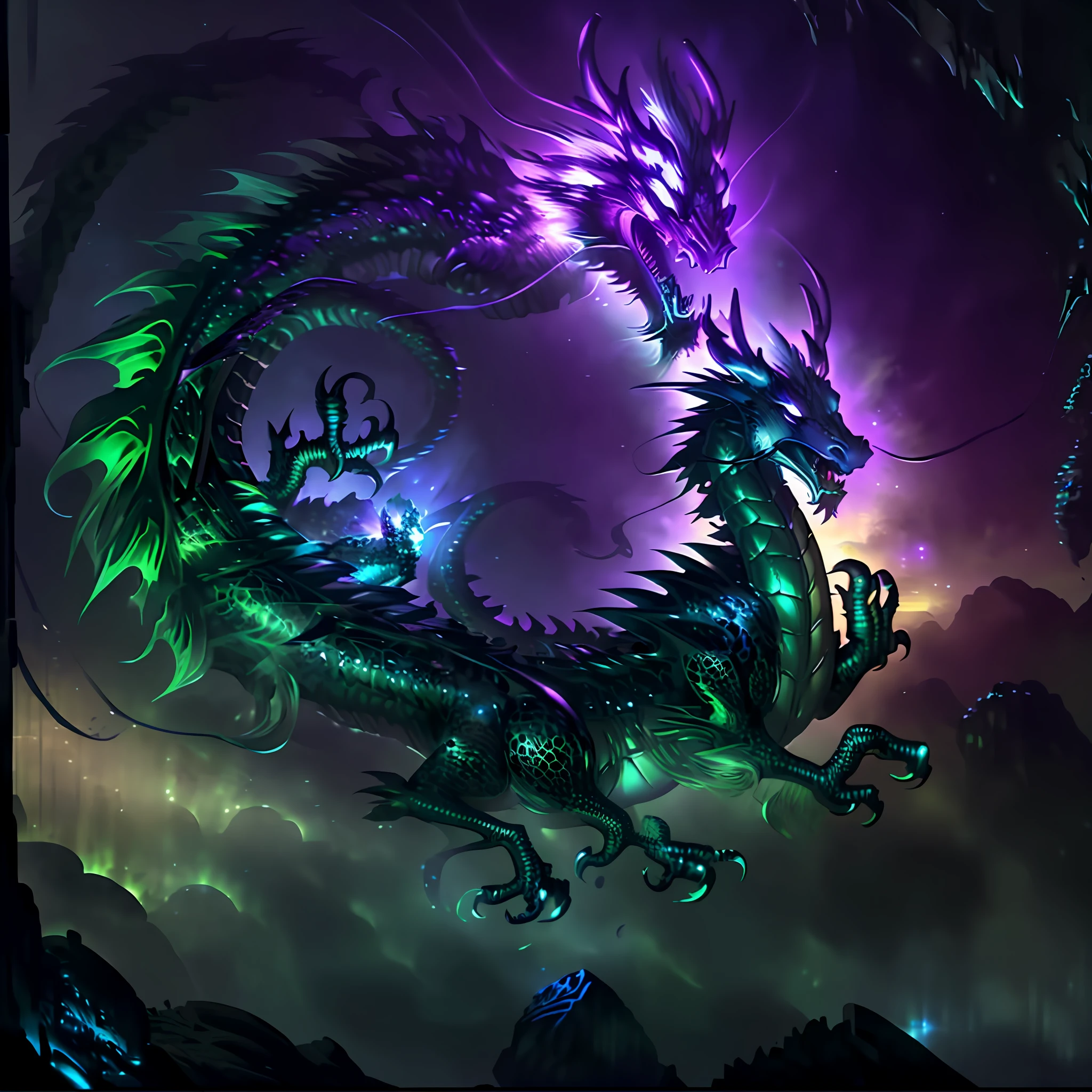 Green dragon:extremely long and delicate, intricate magic circles:bioluminescent celestial energy, (heavy acid rain in background)=1.6, dark fantasy, dark atmosphere, dark purple moonlit sky, angle from side, masterpiece, corrupted celestial energy, looking at viewer, piercing death gaze, enraged face:psychotic, glowing celestial eyes, 1dragon=1.5, ((celestial feathers falling from sky)), ((bioluminescent)),vibrant lighting, ultrarealistic, award winning illustration, epic wide-angle shot, wide-angle lens, cinematic lighting