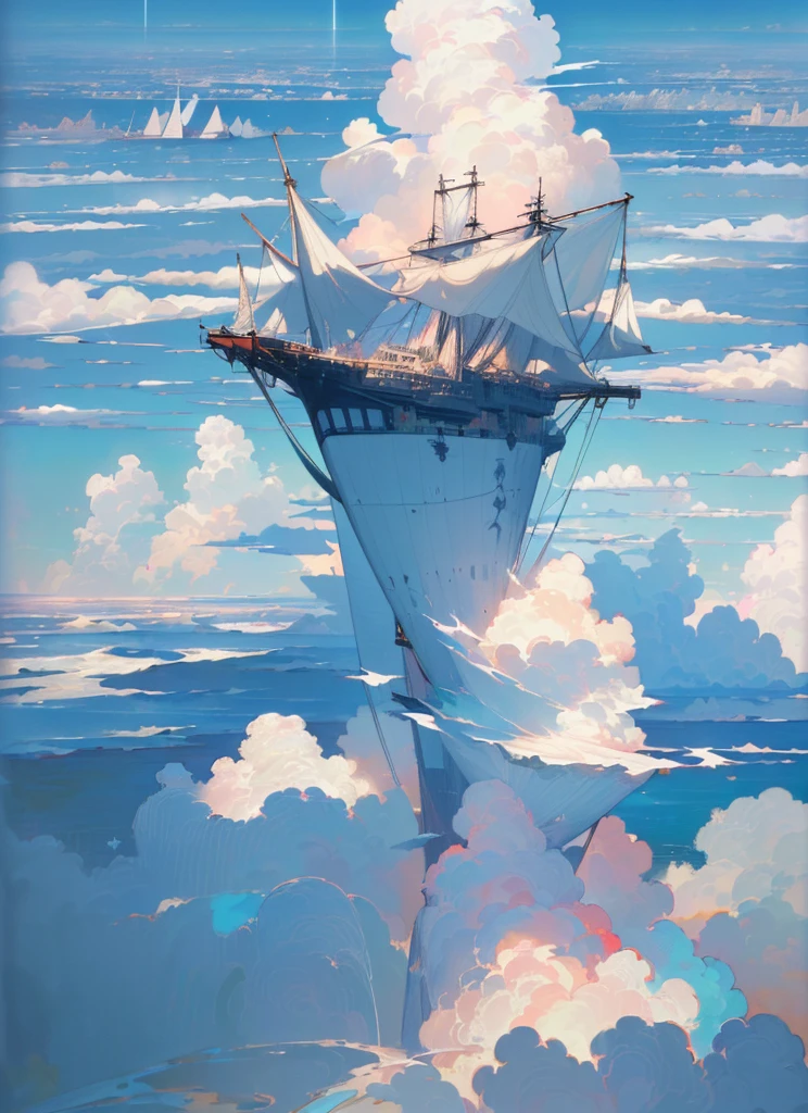 (((8k, RAW photo, best quality, Masterpiece: 1.4))), ultra high resolution, ultra detailed, illustration, close up, environment only, (huge ship flying in the clouds), huge sails, desolation, starry sky , future, imagination, outdoors, starry