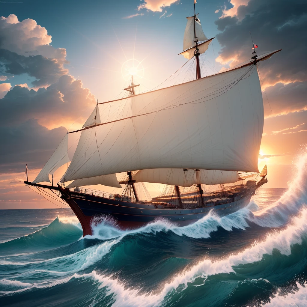 A nautical chart of a sailing ship, sea monster motif, tidal sea, huge waves, waves, seagulls, the sun rises over the horizon, the sun dyes half the sky red, white clouds, Surrealism, drop shadow, anaglyph, stereogram, tachi-e, pov, atmospheric perspective, 8k, super detail, ccurate, best quality, Ultra high resolution (authenticity: 1.4), ultra high quality, extremely detailed CG Unity 8k wallpapers, aesthetics, award-winning photography, realism, high detail, detail enhancement, blur removal, intricacies, travel art