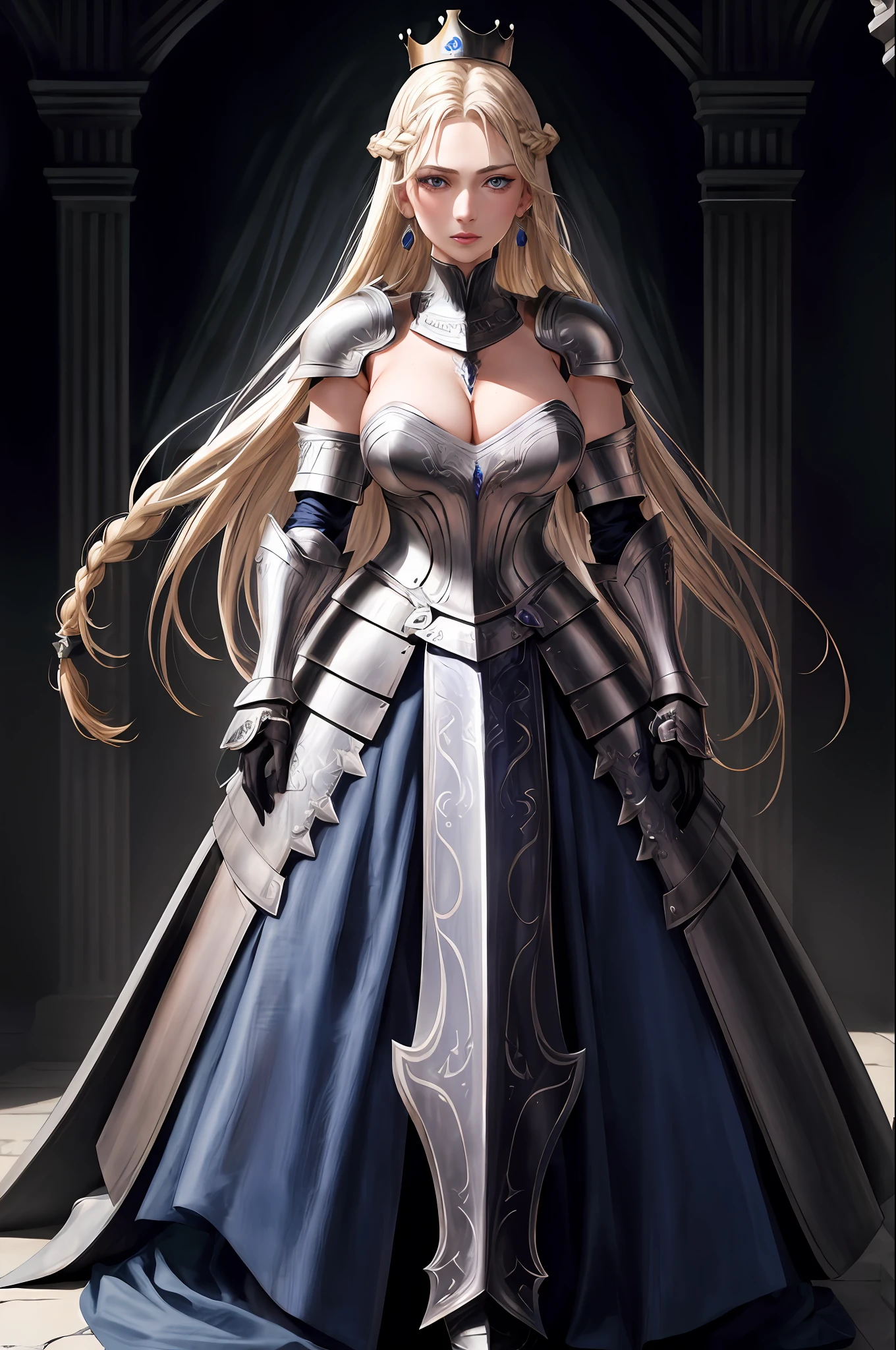 masterpiece,best quality,1girl, solo, blue eyes, braid, blonde hair, long hair, armor, jewelry, looking at viewer, mole, cleavage, earrings, parted lips, crown, gauntlets, gloves, shoulder armor, black gloves, mole on breast, medium breasts, bangs, lips, mole under eye, silver armor, hands resting on sword, full body, stern look, ultra realistic, 8k, high resolution,