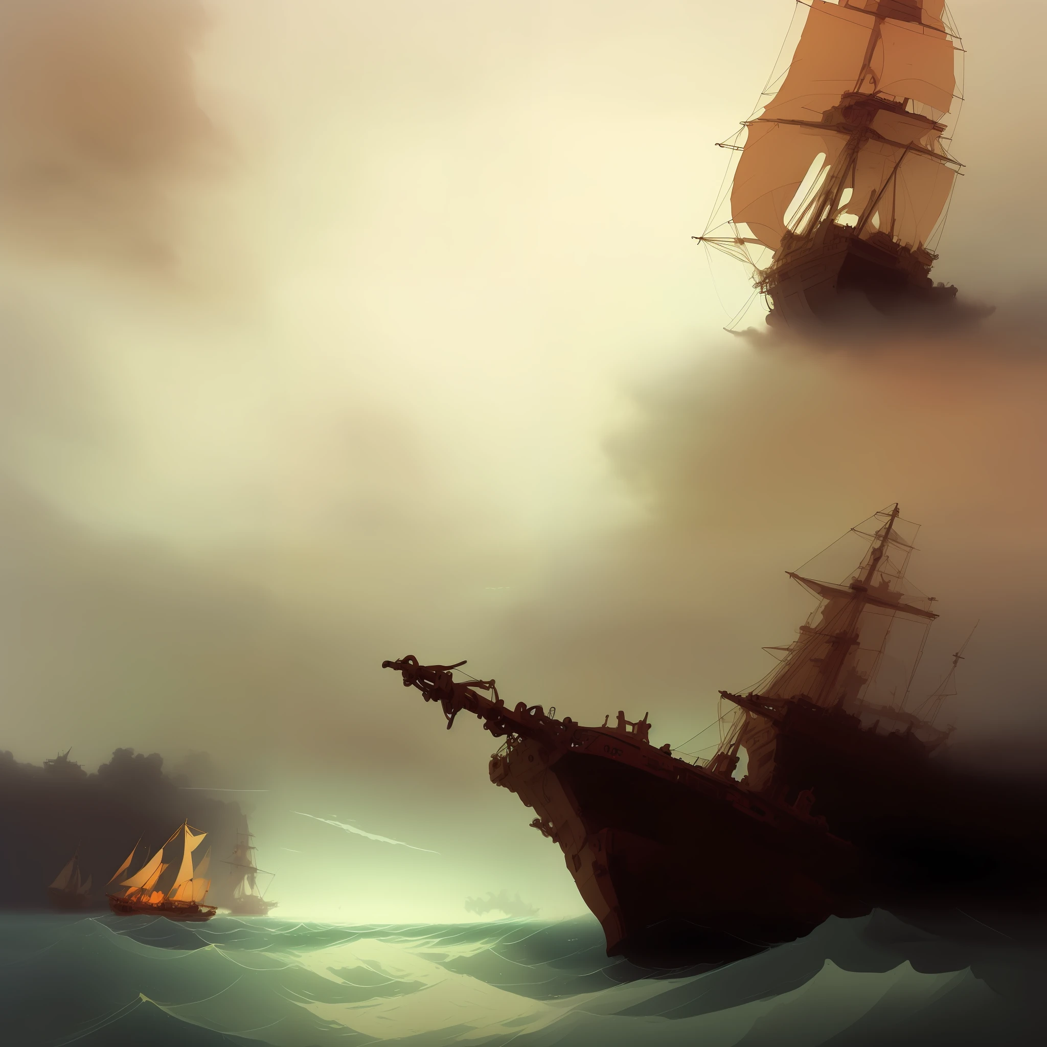 painting of a ship in the ocean with a lot of smoke coming out of it, ships, in style of aivazovsky, inspired by Ivan Aivazovsky, dramatic artwork, in style of ivan aivazovsky, painterly illustration, atmospheric. digital painting, painterly concept art, background artwork, by Daniel Ljunggren, beautiful digital painting