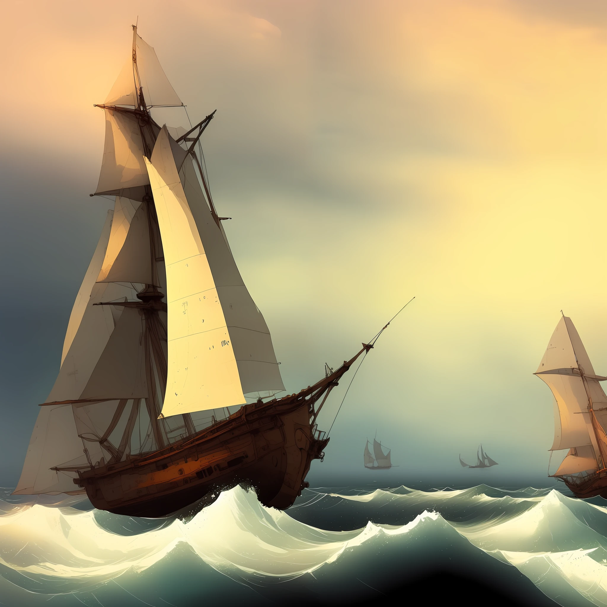 painting of a ship in the ocean with a sky background, ships with sails, sailing ships, painterly illustration, ships, digital art oil painting, dramatic artwork, dramatic nautical scene, sailing ship, in style of digital painting, atmospheric. digital painting, sails, in style of aivazovsky, inspired by Carl Eugen Keel, torn sails