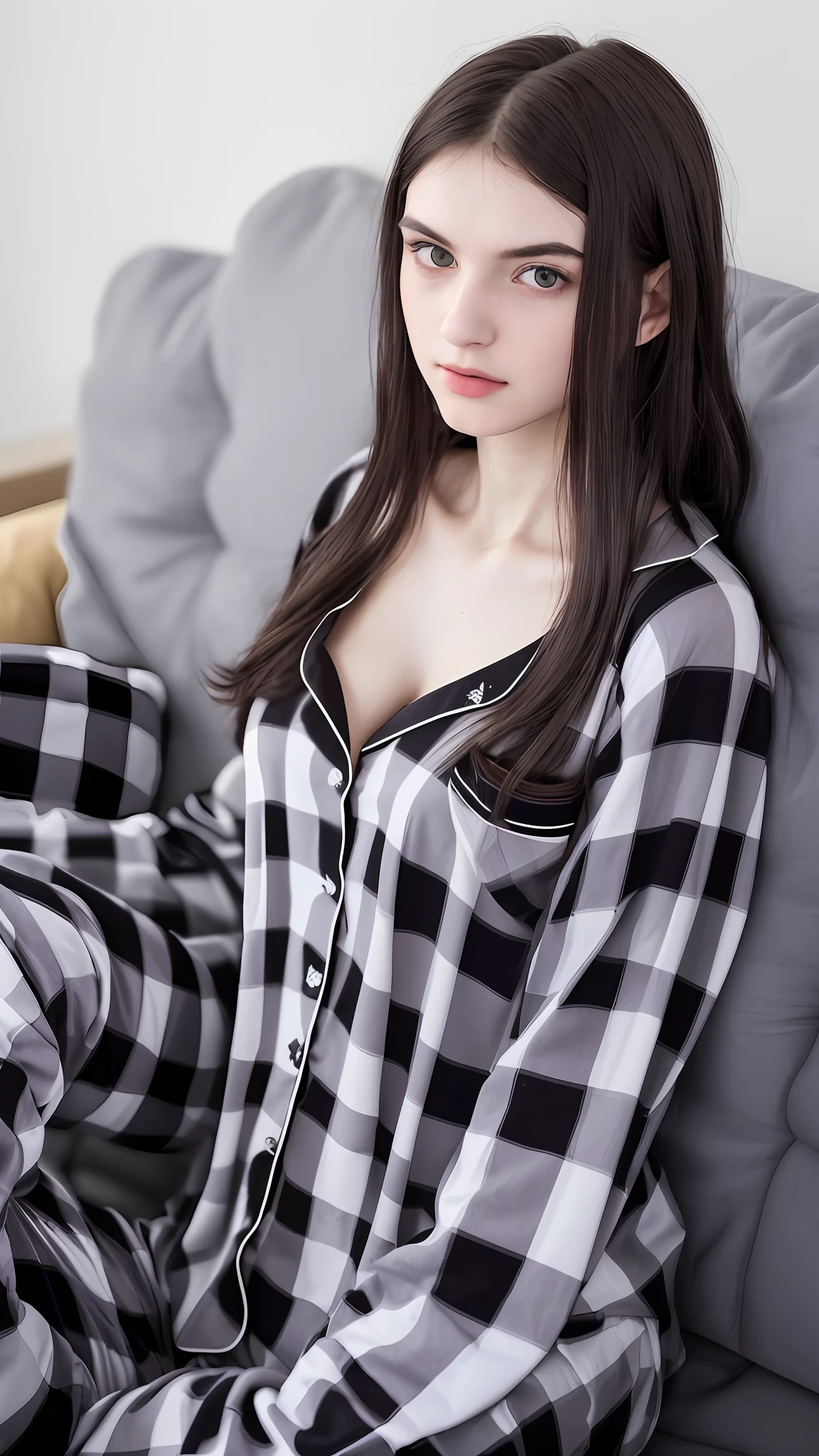 RAW photo of a 20 y.o woman, average looking person, dark hair, alternative style, e-girl, grunge, ((wearing pajamas)), sleepy eyes, (pale skin), (detailed face), thin body, large breasts, ((half body)), ((lying on the couch)), resting, (high detailed skin:1.2), 8k uhd, dslr, soft lighting, high quality, film grain, Fujifilm XT3