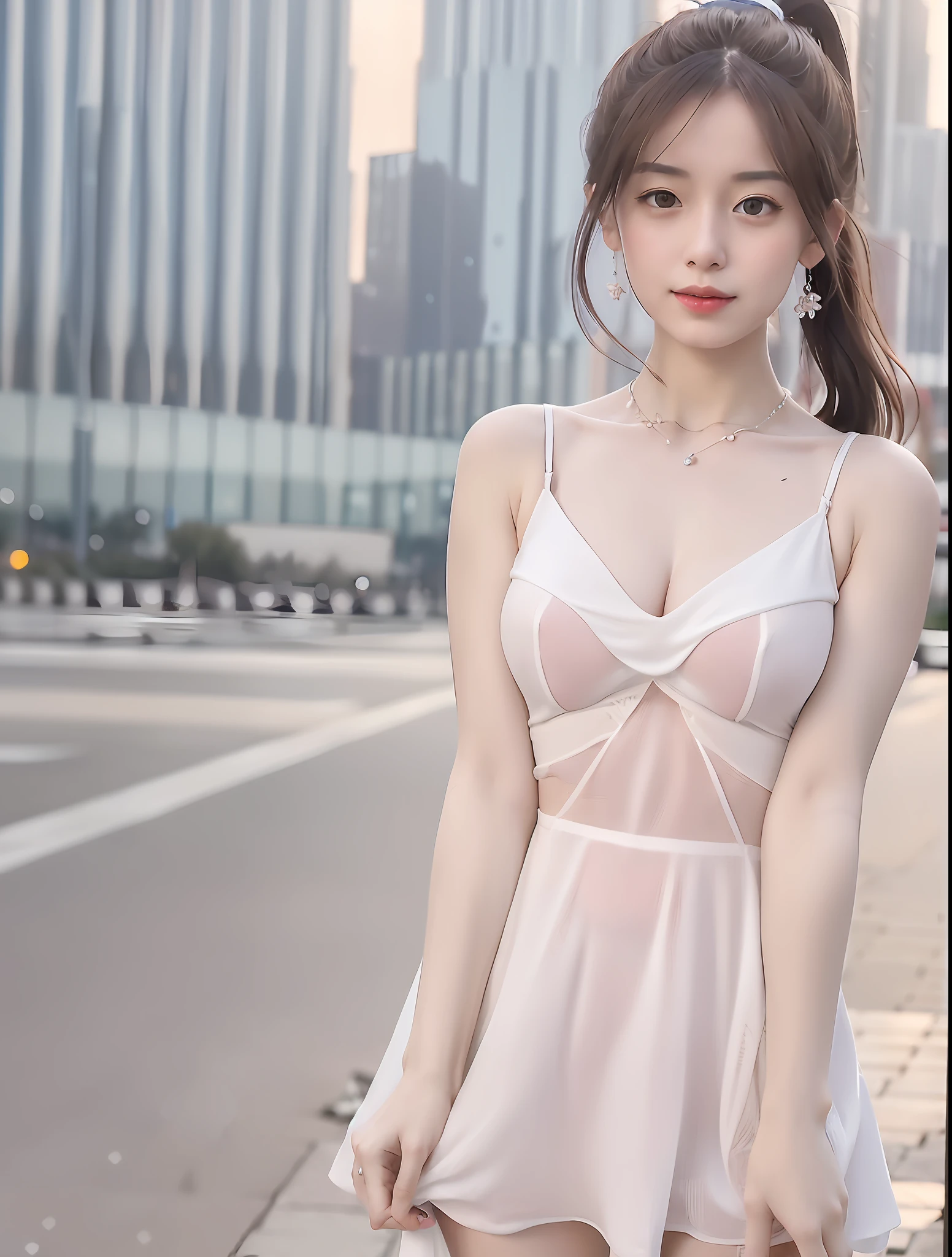Casual pose, (extremely delicate and beautiful work), (masterpiece), 1girl, girl in white dress, high detail, waist leakage, ponytail twist, feminine expression, clear and beautiful eyes, turquoise pupils, delicate necklace, delicate earrings, fairy ears, simple bokeh background, extreme detail description, absolutely beautiful and charming, super fine painting, delicate face, delicate body, delicate collarbone, cute lips, big breasts, bikini, beautiful breasts, soft back, mix4, (8k, RAW photo, best quality, masterpiece: 1.2), (fidelity, fidelity: 1.37), 1girl, cute, cityscape, night, rain, wet, professional lighting, photon mapping, radiosity, physically-based rendering,