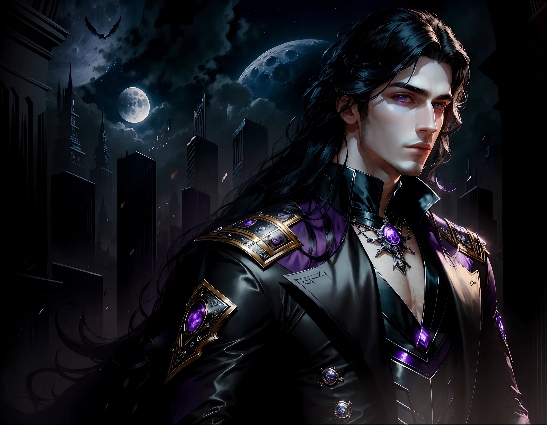 masterpiece, highest quality, (solo focus), (perfect face:1.1), (high detail:1.1), dramatic, (1guy), (pale skin), long black hair, purple ethereal eyes, solo, long hair, moon, night, gothic luxury uniform, pouty lips, covered, futuristic city, detailed background, art by artgerm and greg rutkowski, cinematic lighting,