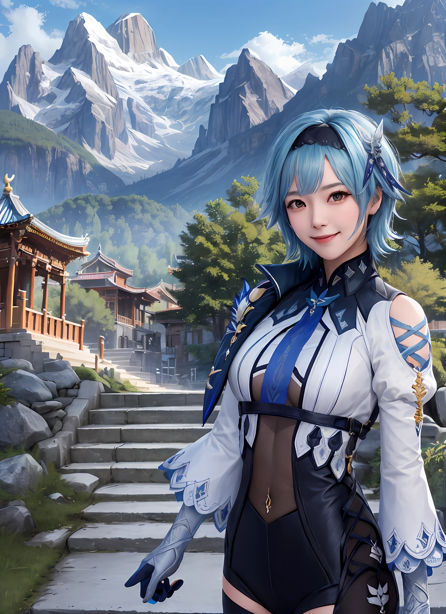 Yuradev, upper body, smile, blush, outdoor, daytime, simple background, blue sky, short hair, sky, temple, viewer, stairs, mountains, capricious lighting, desired smile, desirable, game art, illustration,