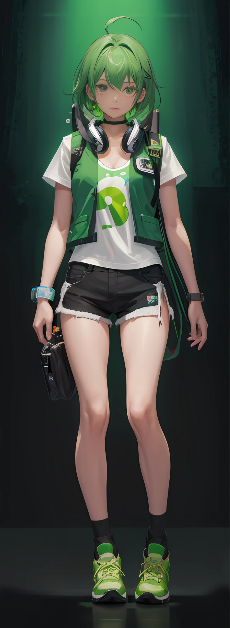 One girl, No background, Light green hair, Green vest, Light green T-shirt lined, Black shorts, Black bag, Ear microphone around the neck, anime, anime style, modern, anime, Conceptual art, UHD, masterpiece, ccurate, textured skin, super detail, high details, high quality, award winning, best quality, highres, HD
