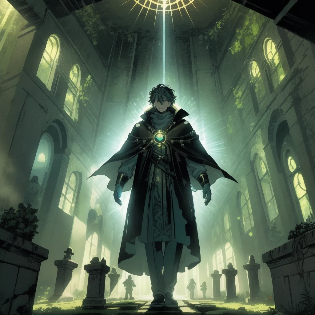 (Best quality, masterpiece) In the vastness of the underground chamber, Rodric takes a dynamic stance, ready for whatever lies ahead. His glowing pupils reflect both determination and intrigue as he surveys his surroundings. The BREAK masterpiece illustration showcases the full scope of his presence, with a careful composition that emphasizes his entire body, capturing him in mid-action. Rays of light penetrate through cracks in the chamber's ceiling, casting dramatic shadows that dance across the ancient statues and vegetation. Vivid colors bring life to the scene, while cinematic hard lighting adds depth and intensity. Peculiar objects for battle, materialized through his mind alchemy, float around him, serving as both symbols of his power and hints at the challenges he will face.