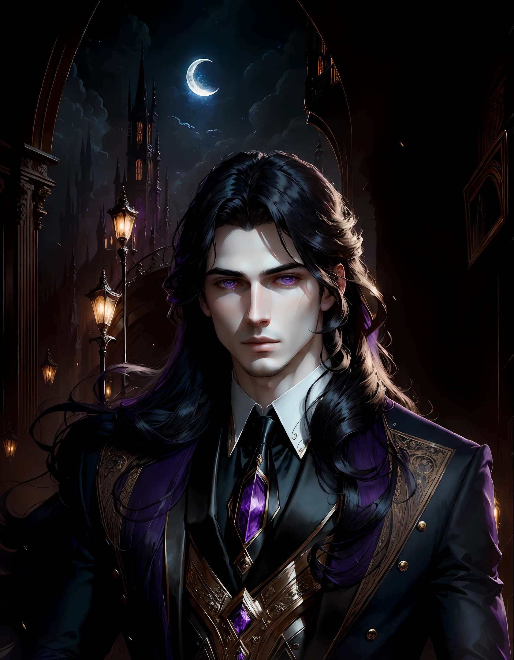 masterpiece, highest quality, (solo focus), (perfect face:1.1), (high detail:1.1),dramatic, (1guy), (pale skin), long black hair, purple ethereal eyes, solo, long hair, moon, night, dark Victorian luxury suit, pouty lips, covered, futuristic city, detailed background, art by artgerm and greg rutkowski, cinematic lighting,