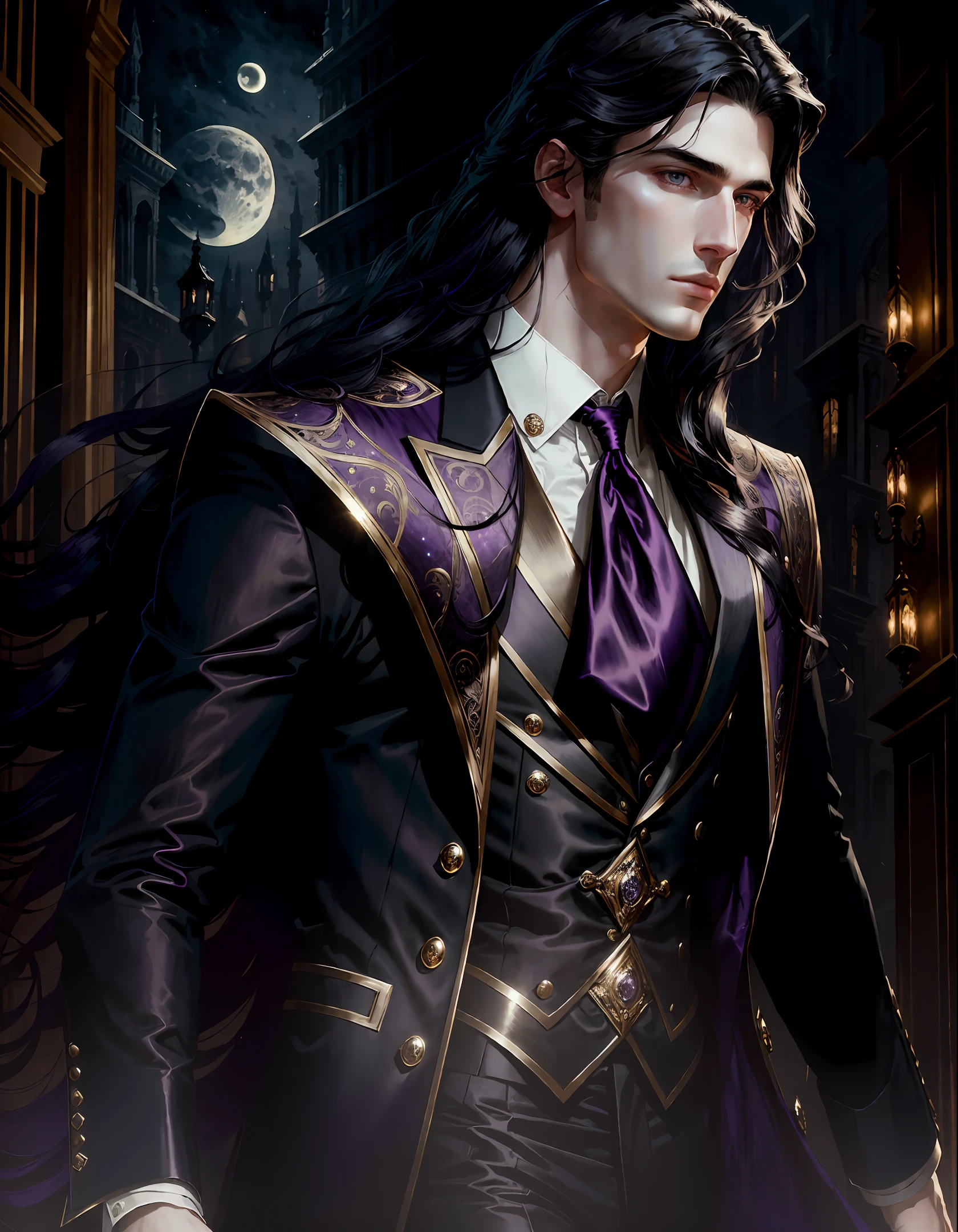 masterpiece, highest quality, (solo focus), (perfect face:1.1), (high detail:1.1),dramatic, (1guy), (pale skin), long black hair, purple ethereal eyes, solo, long hair, moon, night, dark Victorian luxury suit, pouty lips, covered, futuristic city, detailed background, art by artgerm and greg rutkowski, cinematic lighting,