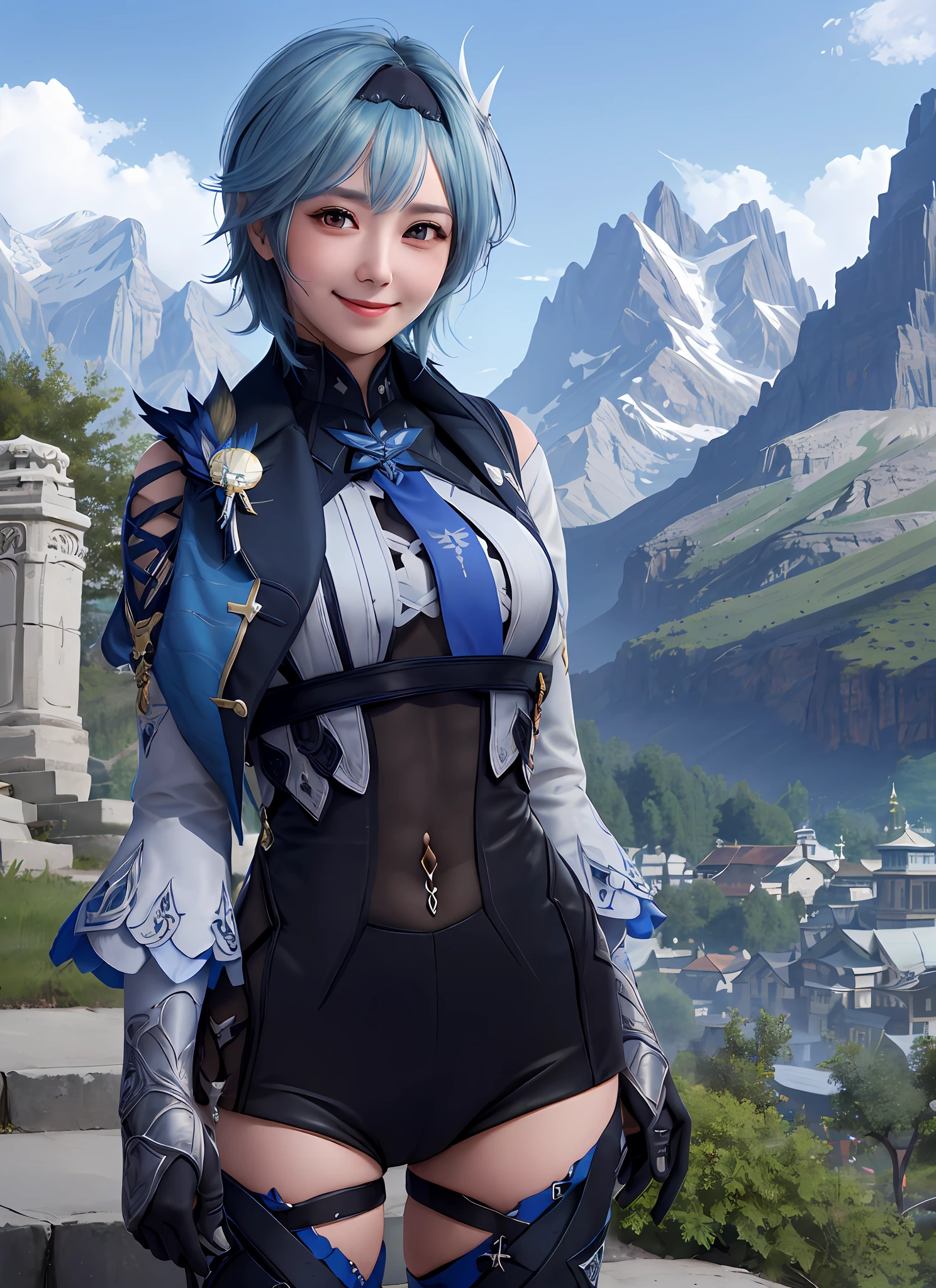 Yuradev, upper body, smile, blush, outdoor, daytime, simple background, blue sky, short hair, sky, temple, viewer, stairs, mountains, capricious lighting, desired smile, desirable, game art, illustration,