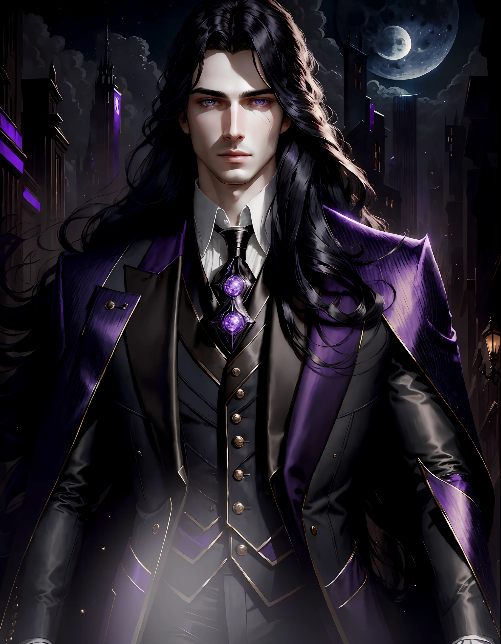 masterpiece, highest quality, (solo focus), (perfect face:1.1), (high detail:1.1),dramatic, (1guy), (pale skin), long black hair, purple ethereal eyes, solo, long hair, moon, night, dark Victorian luxury suit, pouty lips, covered, futuristic city, detailed background, art by artgerm and greg rutkowski, cinematic lighting,