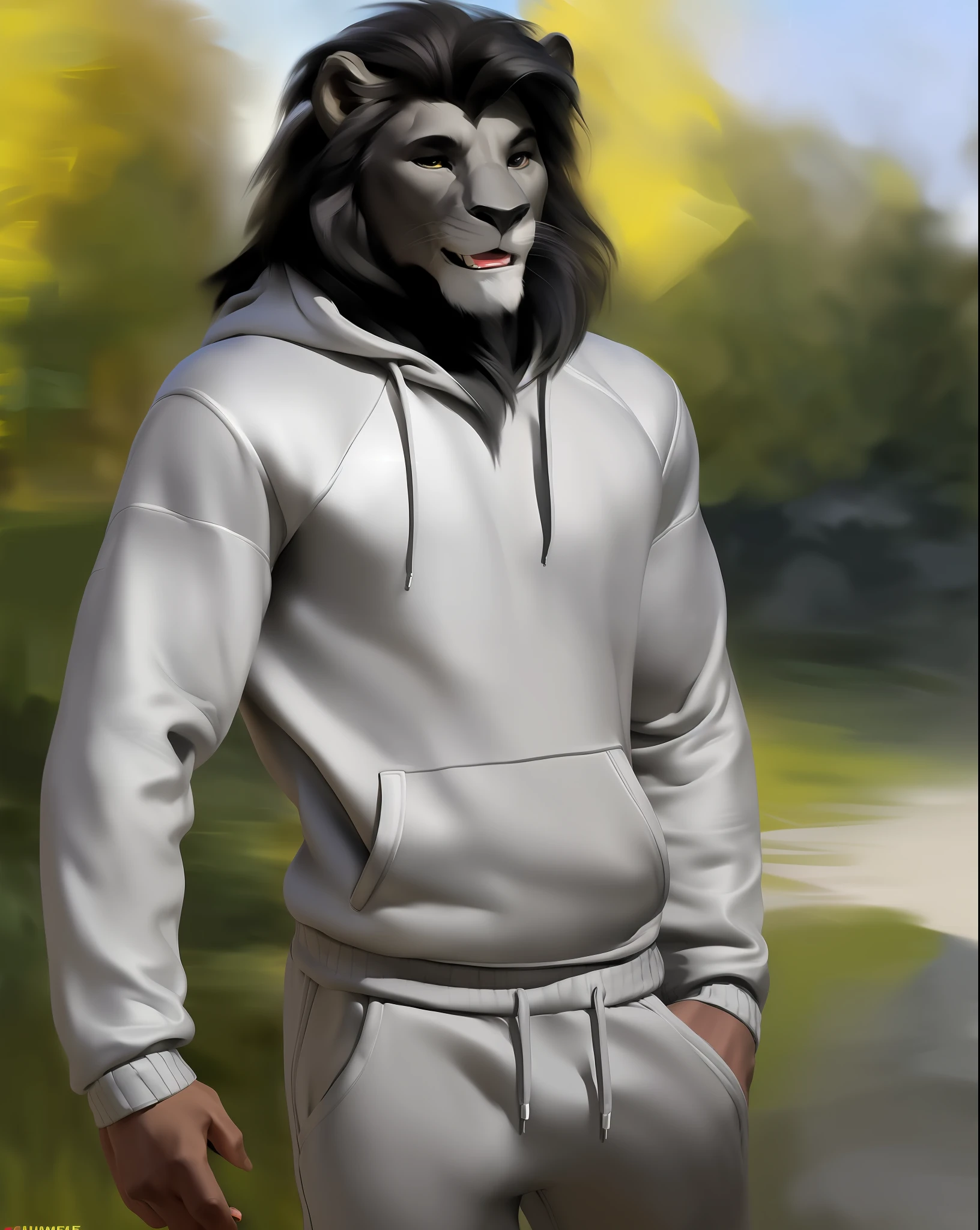 ((Solo)), (anthropomorphic:0.9) dark gray lion, (black mane:0.8), short, front fringe, light gray belly, (:0.8),(muscular:0.8),(hoodie:0.9) smiling, happy facial expression, sweatpants, (from chunie).