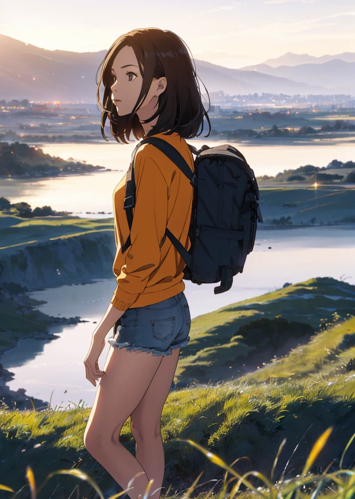 (beautiful and magnificent skyline, majestic sky), (extremely tense and dramatic pictures, moving visual effects), (high hanging Polaris, colorful natural light), (1girl), (long-sleeved top, denim shorts, carrying a backpack), (dynamic pose:1.3, black eyes, black hime-cut hair, sparkling girl)[:0.8], (large grassland), (oncoming breeze), (brown hair and background Coordination effect: 1.2), (close shot, long shot mix and match)[::0.9]