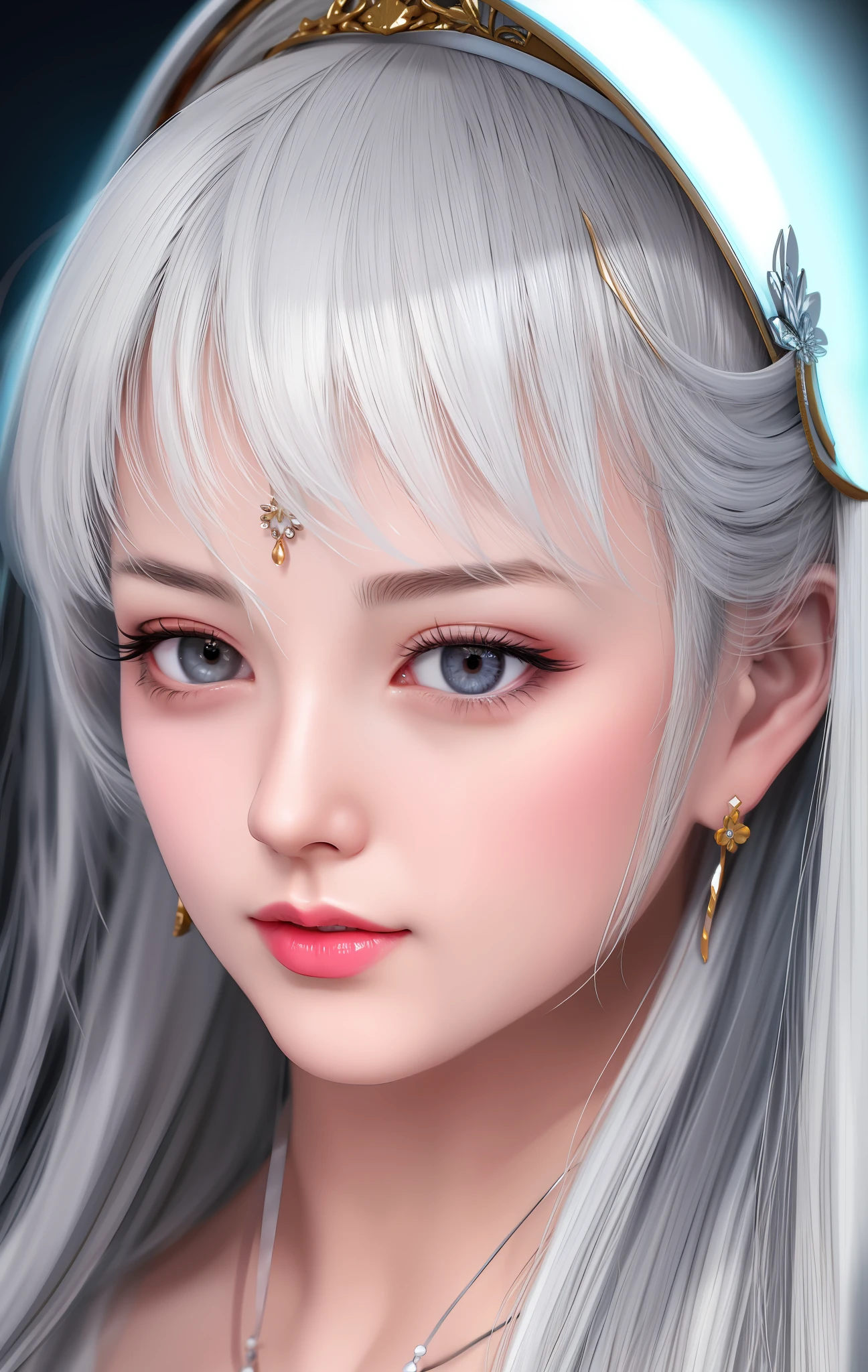 Best Quality, Masterpiece, High Resolution, 1Girl, Porcelain Dress, Hair Accessories, Beautiful Face, Body, Tyndall Effect, Realistic,, Edge Lighting, Two-tone Lighting, (High Detail Skin: 1.2), 8K UHD, DSLR, Soft Light, High Quality, Volumetric Light, Capture, Photo, High Resolution, 4K, 8K, Background Blur, Face Close-up, White Hair, With Headband, Gentle Expression