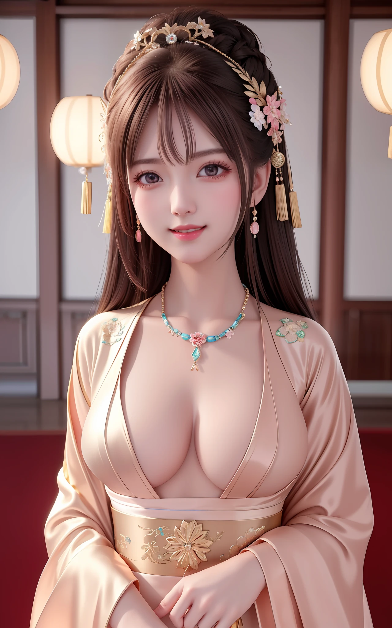 Superb Quality, Masterpiece, High Resolution, 1Girl, Blush, (Seductive Smile: 0.8), Star Eyes, Chinese Hanfu, Hair Accessories, Necklaces, Jewelry, Beauty, on_body, Tyndall Effect, Realistic, Shadow Room, Light Edge, Two-tone Lighting, (High Detail Skin: 1.2), 8K UHD, SLR, Soft Light, High Quality, Volume Lighting, Voyeur, Photo, High Resolution, 4K, 8K, Background Blur Nude Nipples