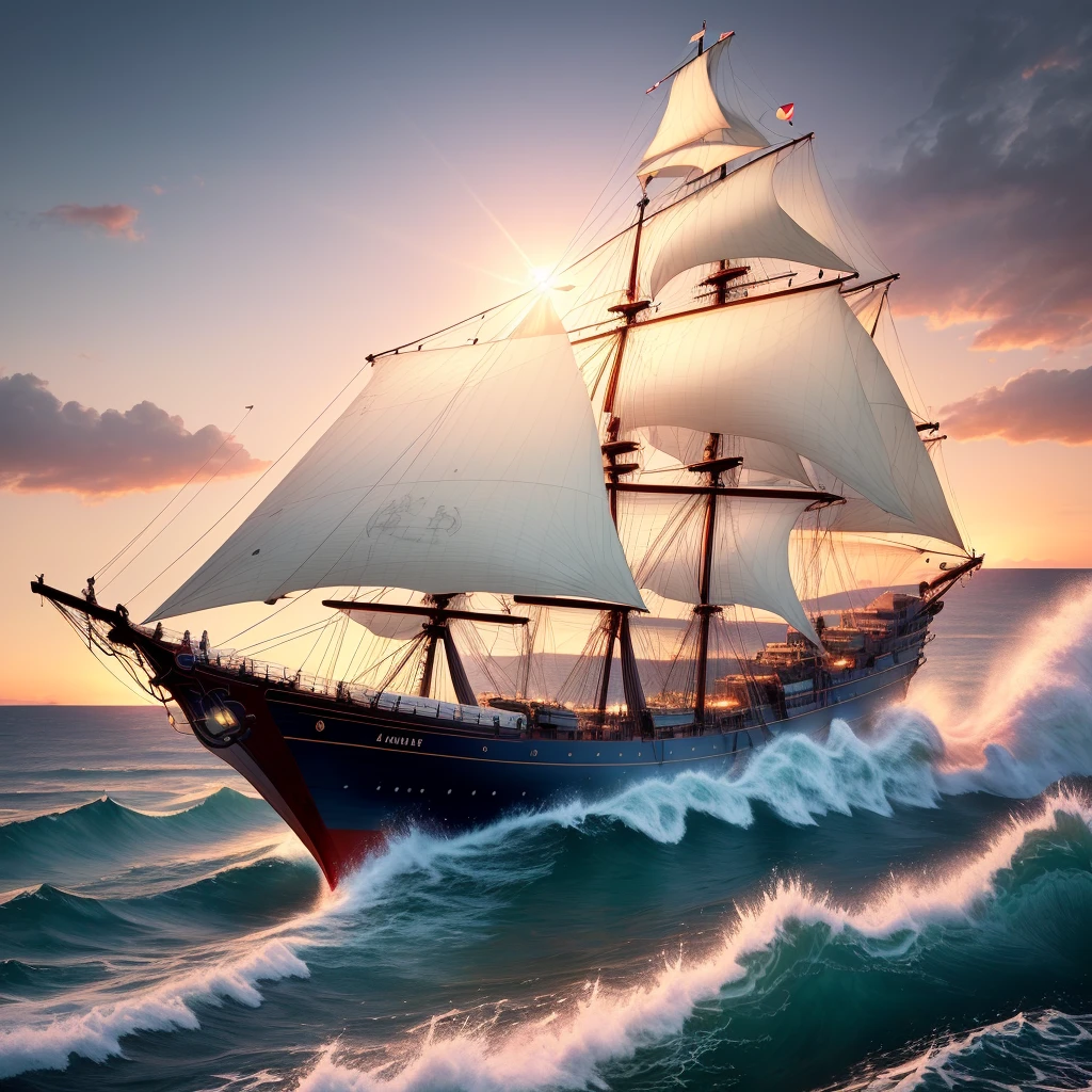 A nautical chart of a sailing ship, sea monster motif, tidal sea, huge waves, waves, seagulls, the sun rises over the horizon, the sun dyes half the sky red, white clouds, Surrealism, drop shadow, anaglyph, stereogram, tachi-e, pov, atmospheric perspective, 8k, super detail, ccurate, best quality, Ultra high resolution (authenticity: 1.4), ultra high quality, extremely detailed CG Unity 8k wallpapers, aesthetics, award-winning photography, realism, high detail, detail enhancement, blur removal, intricacies, travel art