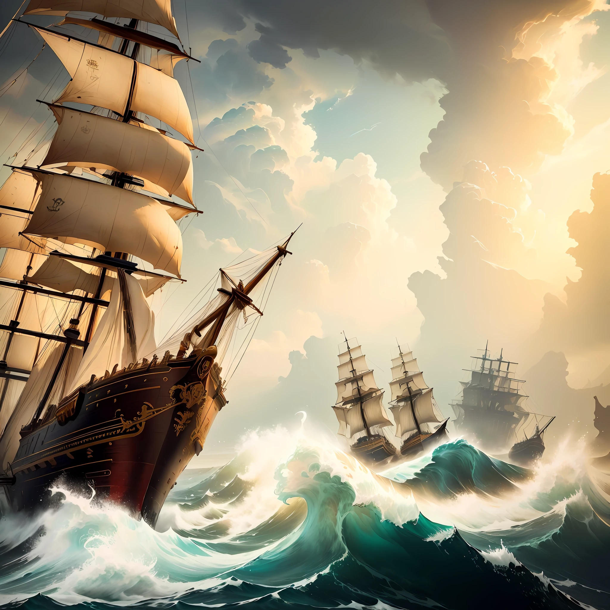 painting of a ship in rough seas with a few smaller ships, in rough seas with large waves, a ship lost in a storm, ships with sails, dramatic nautical scene, stormy seas, rough seas, sailing ships, baroque digital painting, on a pirate ship background, inspired by Ivan Aivazovsky, ships, pirate ships, 4 k hd illustrative wallpaper