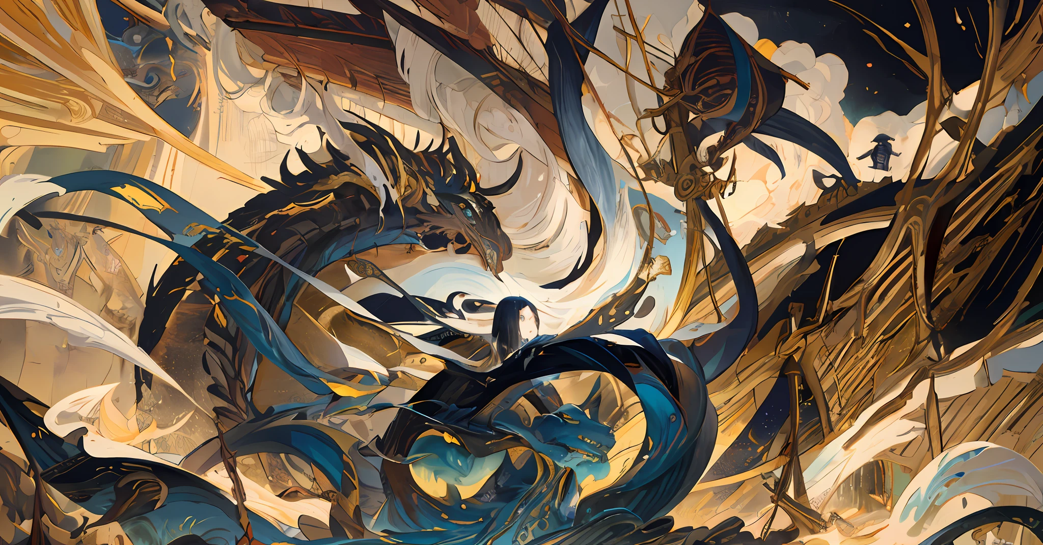 Sea monster attacking ships, (Ships sailing in the sea: 1.3), huge sails, gold dye, black, white, gold and blue, intricate ink painting, g liulian art style, ancient demon summoning, from the three kingdoms, Chinese mythology, highly detailed official artwork, intricate ink painting details, ancient Chinese art style, Chinese dragon concept art, Chinese fantasy